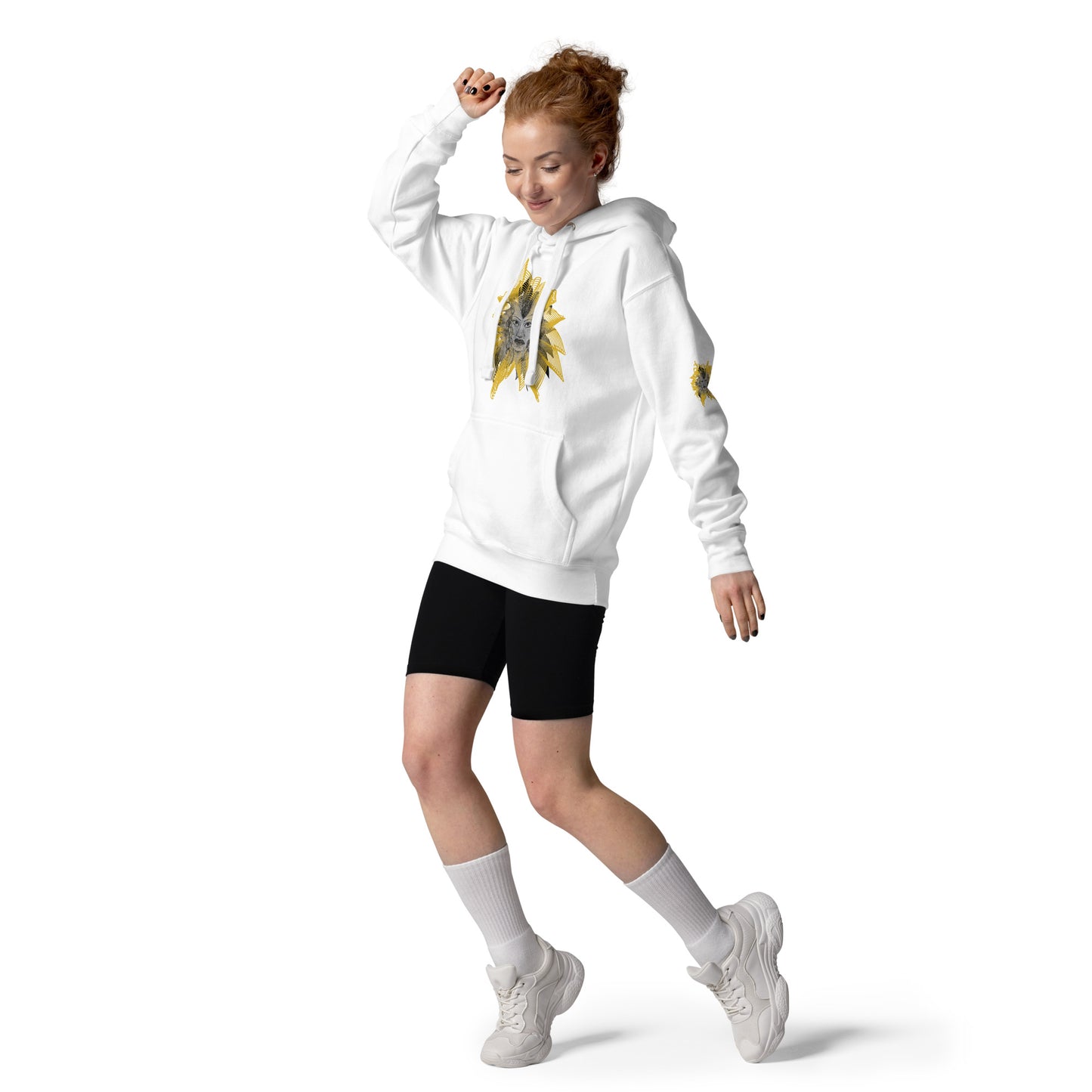 Front view of a white K.L.O.E. hoodie featuring a striking hand-drawn face design surrounded by radiant golden abstract patterns—an artistic and empowering piece of handcrafted fashion, blending bohemian style clothing with contemporary fashion for bold self-expression and individuality, on a model.