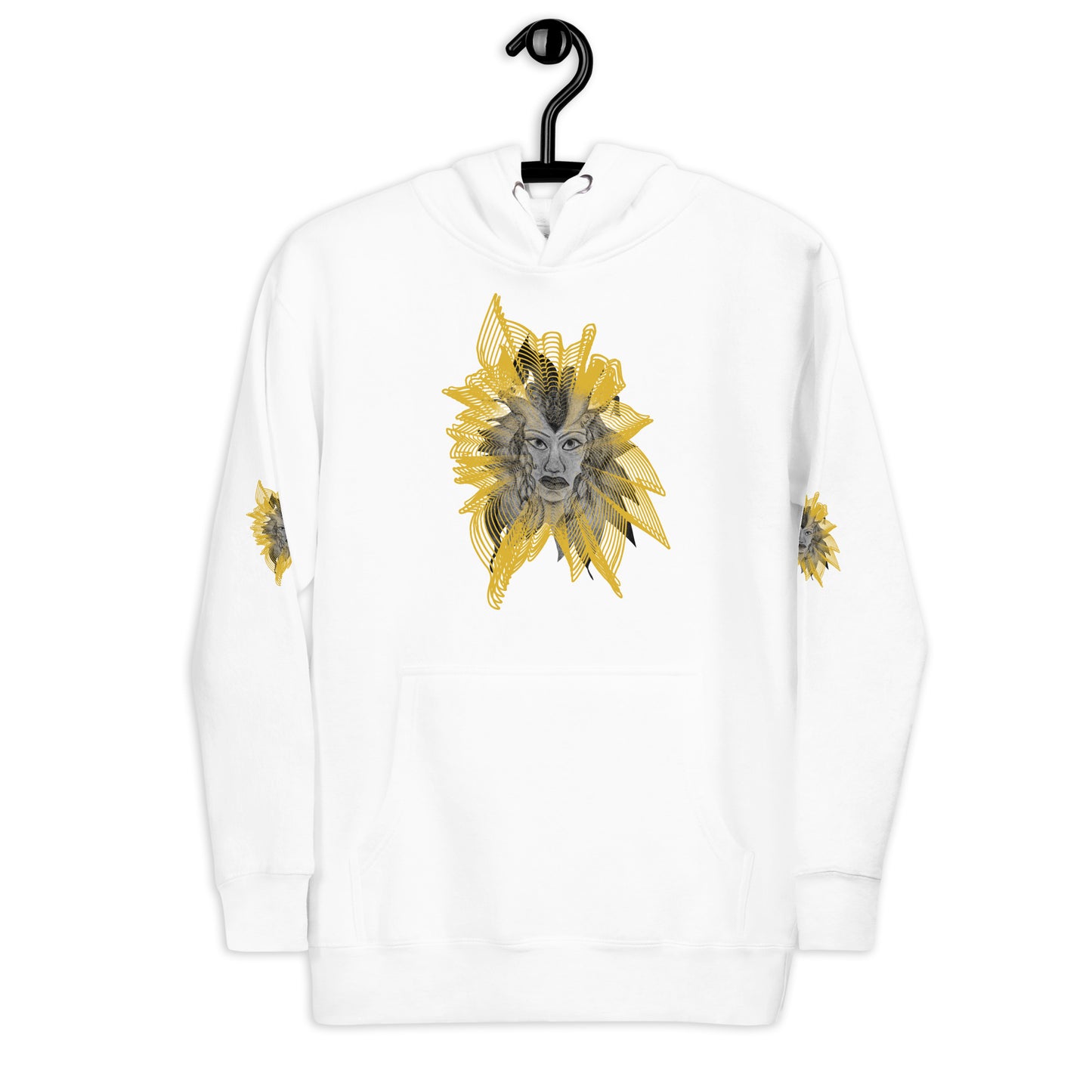 Front view of a white K.L.O.E. hoodie featuring a striking hand-drawn face design surrounded by radiant golden abstract patterns—an artistic and empowering piece of handcrafted fashion, blending bohemian style clothing with contemporary fashion for bold self-expression and individuality.