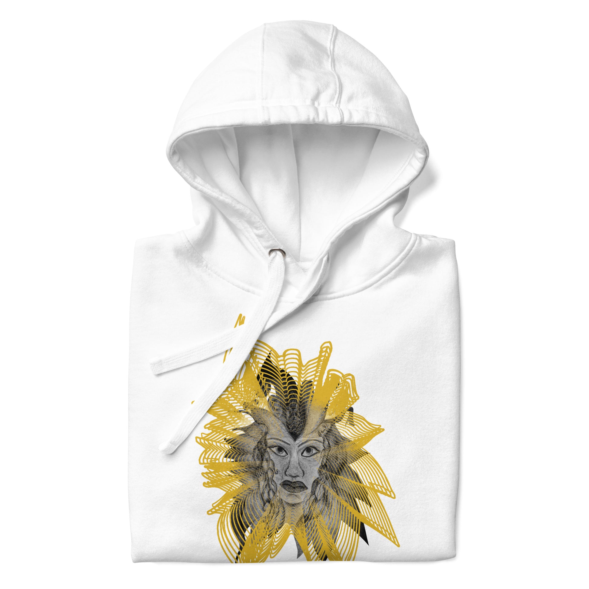 Front view of a white K.L.O.E. hoodie featuring a striking hand-drawn face design surrounded by radiant golden abstract patterns—an artistic and empowering piece of handcrafted fashion, blending bohemian style clothing with contemporary fashion for bold self-expression and individuality.