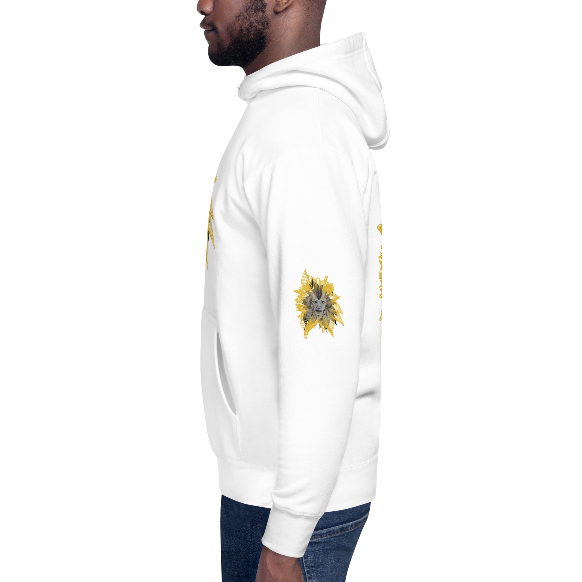 Side view of a white K.L.O.E. hoodie featuring a striking hand-drawn face design surrounded by radiant golden abstract patterns—an artistic and empowering piece of handcrafted fashion, blending bohemian style clothing with contemporary fashion for bold self-expression and individuality.