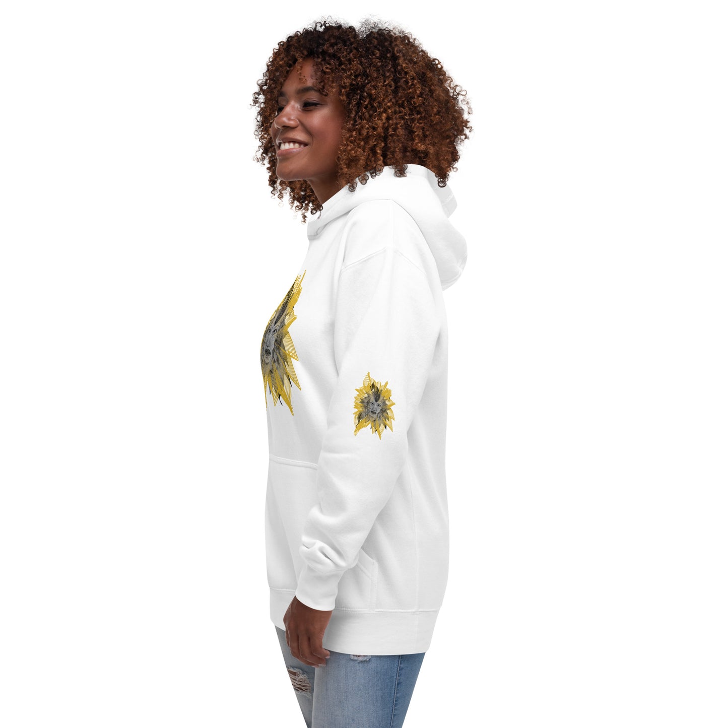 Front view of a white K.L.O.E. hoodie featuring a striking hand-drawn face design surrounded by radiant golden abstract patterns—an artistic and empowering piece of handcrafted fashion, blending bohemian style clothing with contemporary fashion for bold self-expression and individuality.