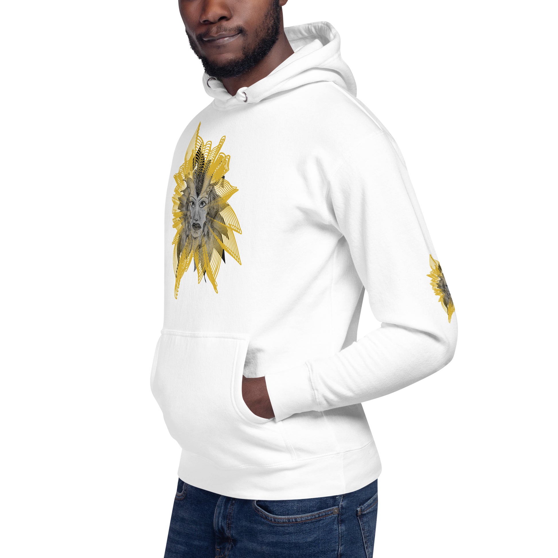 Side view of a white K.L.O.E. hoodie featuring a striking hand-drawn face design surrounded by radiant golden abstract patterns—an artistic and empowering piece of handcrafted fashion, blending bohemian style clothing with contemporary fashion for bold self-expression and individuality, on a model.