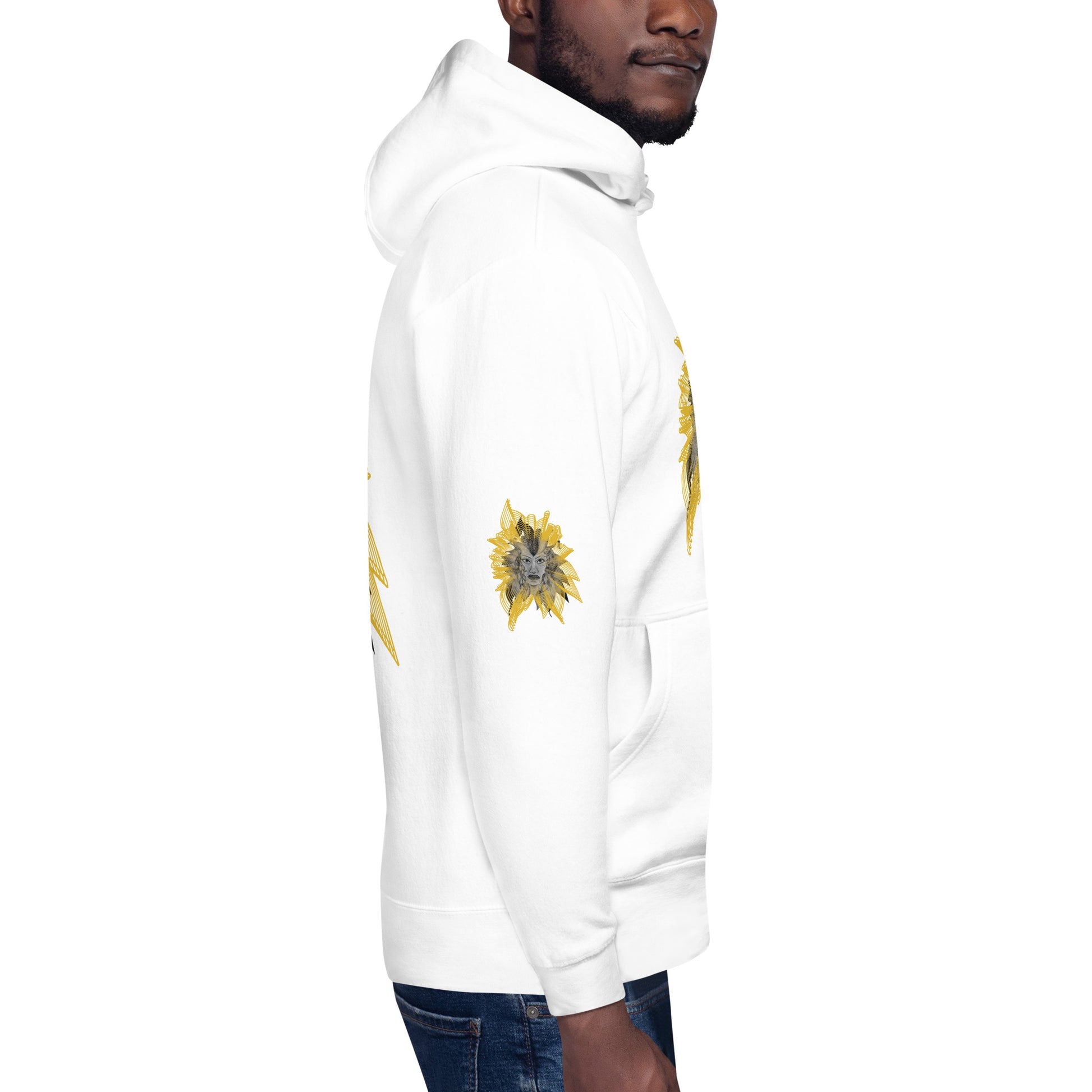 Side view of a white K.L.O.E. hoodie featuring a striking hand-drawn face design surrounded by radiant golden abstract patterns—an artistic and empowering piece of handcrafted fashion, blending bohemian style clothing with contemporary fashion for bold self-expression and individuality, on a model.