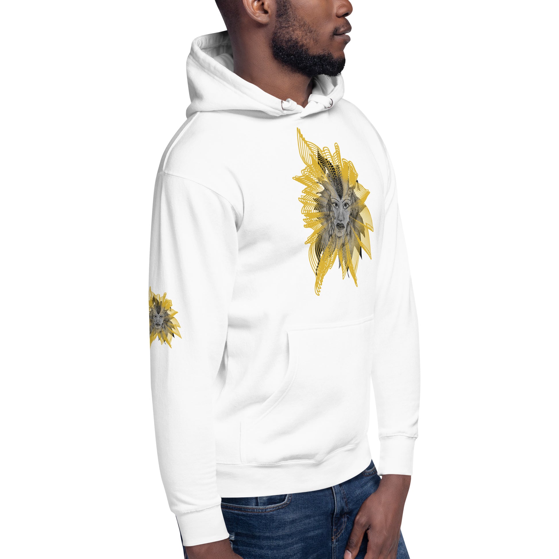 Front view of a white K.L.O.E. hoodie featuring a striking hand-drawn face design surrounded by radiant golden abstract patterns—an artistic and empowering piece of handcrafted fashion, blending bohemian style clothing with contemporary fashion for bold self-expression and individuality.