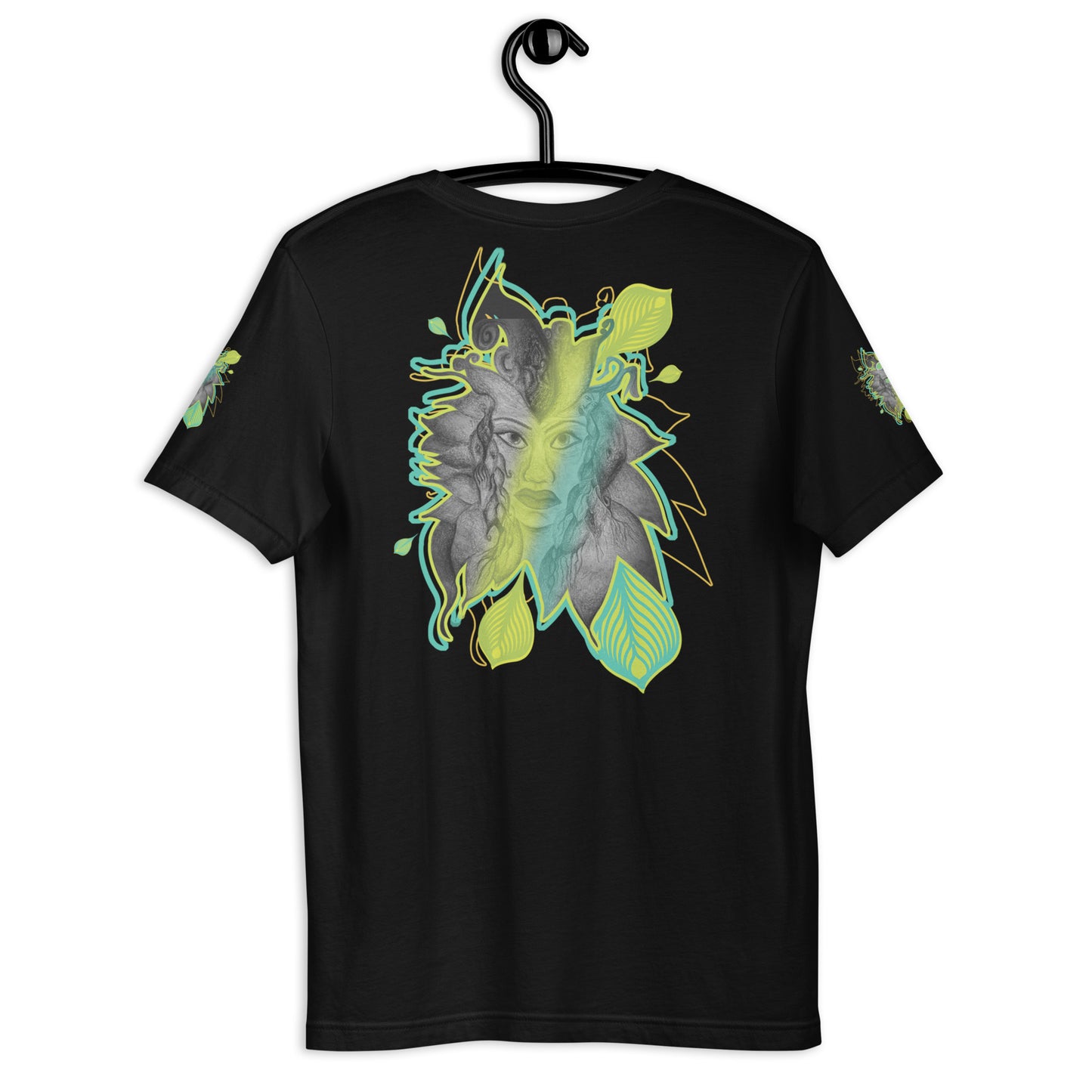 Back view of K.L.O.E. black t-shirt featuring a bold hand-drawn face design framed by vibrant green and yellow leaf patterns. A statement of modern bohemian style, artistic craftsmanship, and self-expression that celebrates individuality and culturally inspired fashion.