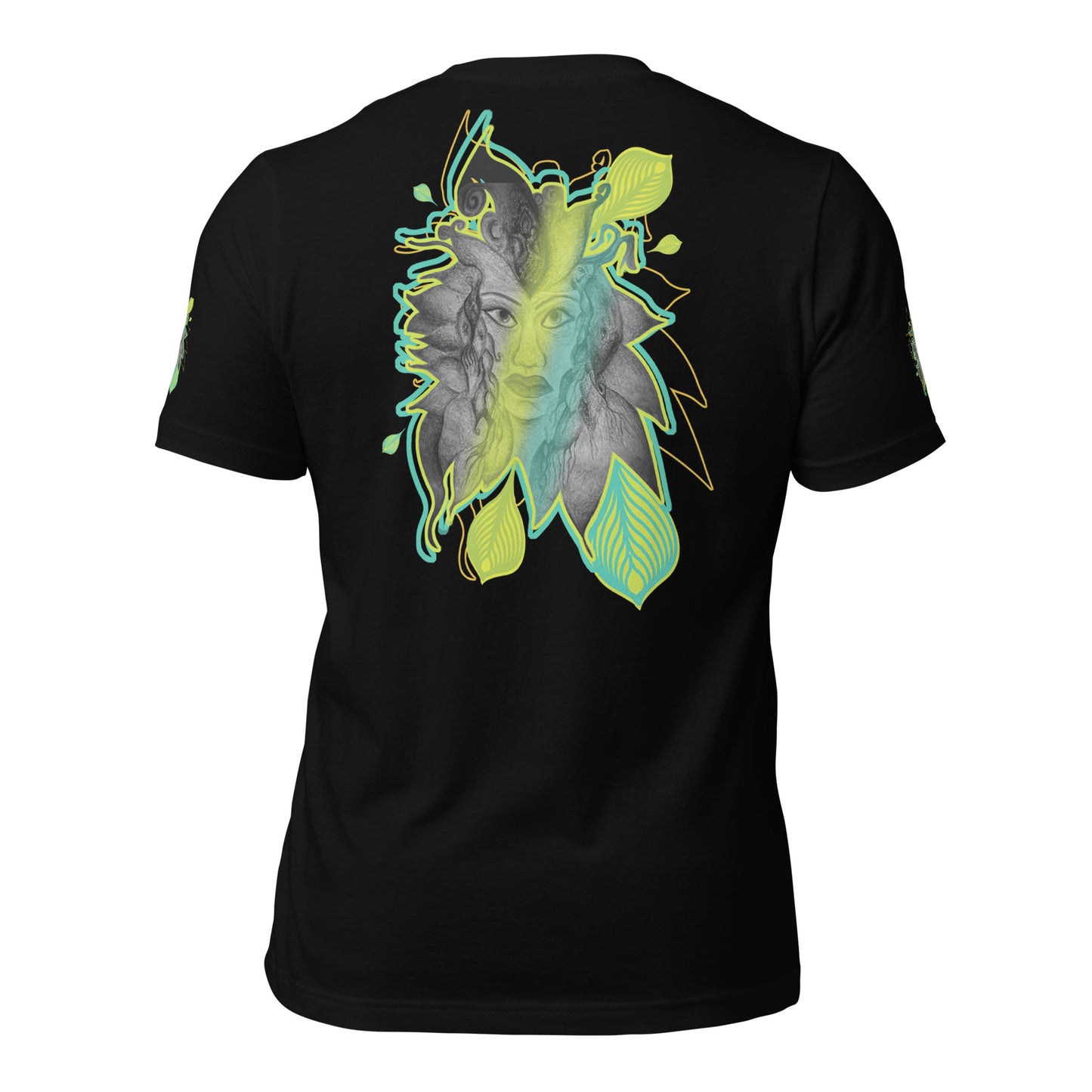 Back view of K.L.O.E. black t-shirt featuring a bold hand-drawn face design framed by vibrant green and yellow leaf patterns. A statement of modern bohemian style, artistic craftsmanship, and self-expression that celebrates individuality and culturally inspired fashion.