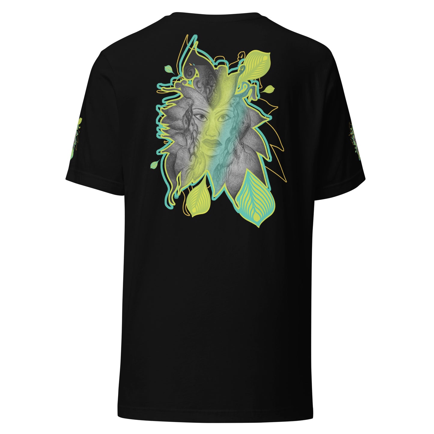 Back view of K.L.O.E. black t-shirt featuring a bold hand-drawn face design framed by vibrant green and yellow leaf patterns. A statement of modern bohemian style, artistic craftsmanship, and self-expression that celebrates individuality and culturally inspired fashion.