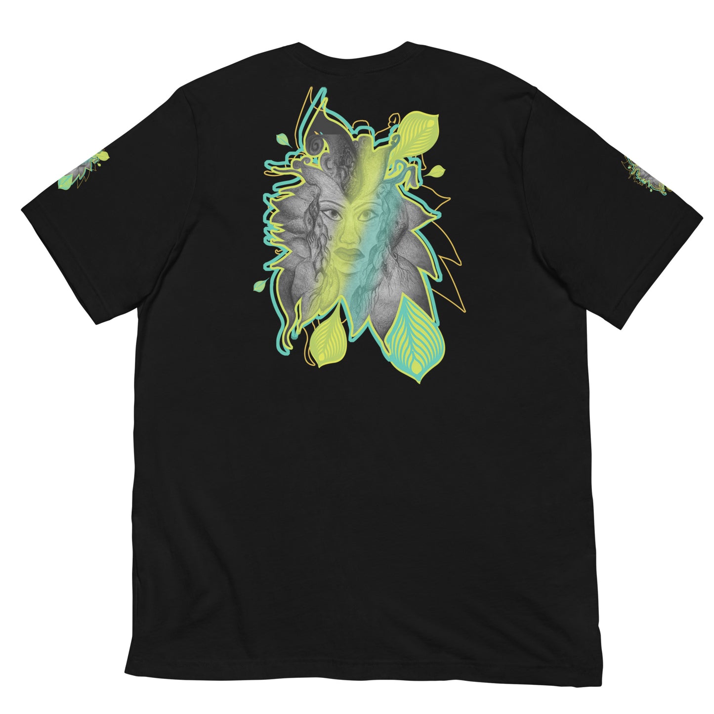 Back view of K.L.O.E. black t-shirt featuring a bold hand-drawn face design framed by vibrant green and yellow leaf patterns. A statement of modern bohemian style, artistic craftsmanship, and self-expression that celebrates individuality and culturally inspired fashion.