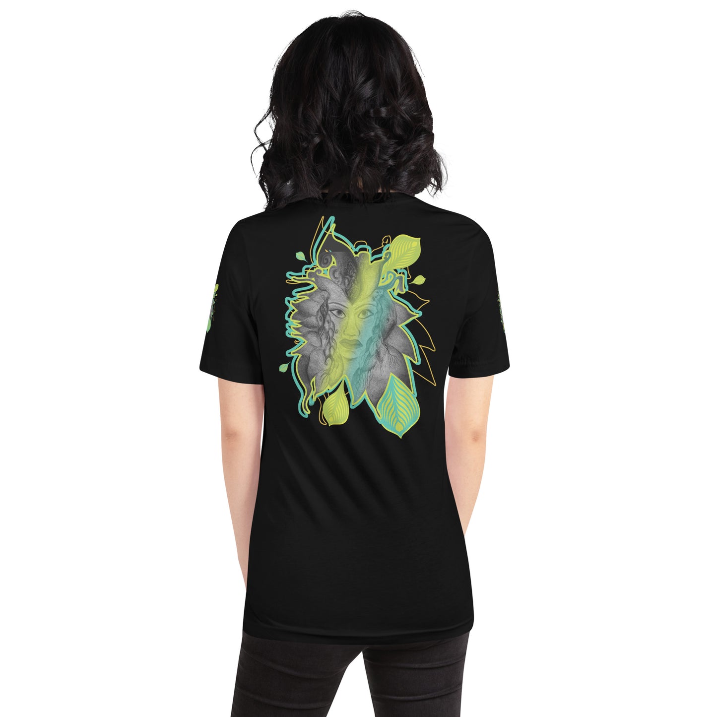 Back view of K.L.O.E. black t-shirt featuring a bold hand-drawn face design framed by vibrant green and yellow leaf patterns. A statement of modern bohemian style, artistic craftsmanship, and self-expression that celebrates individuality and culturally inspired fashion.