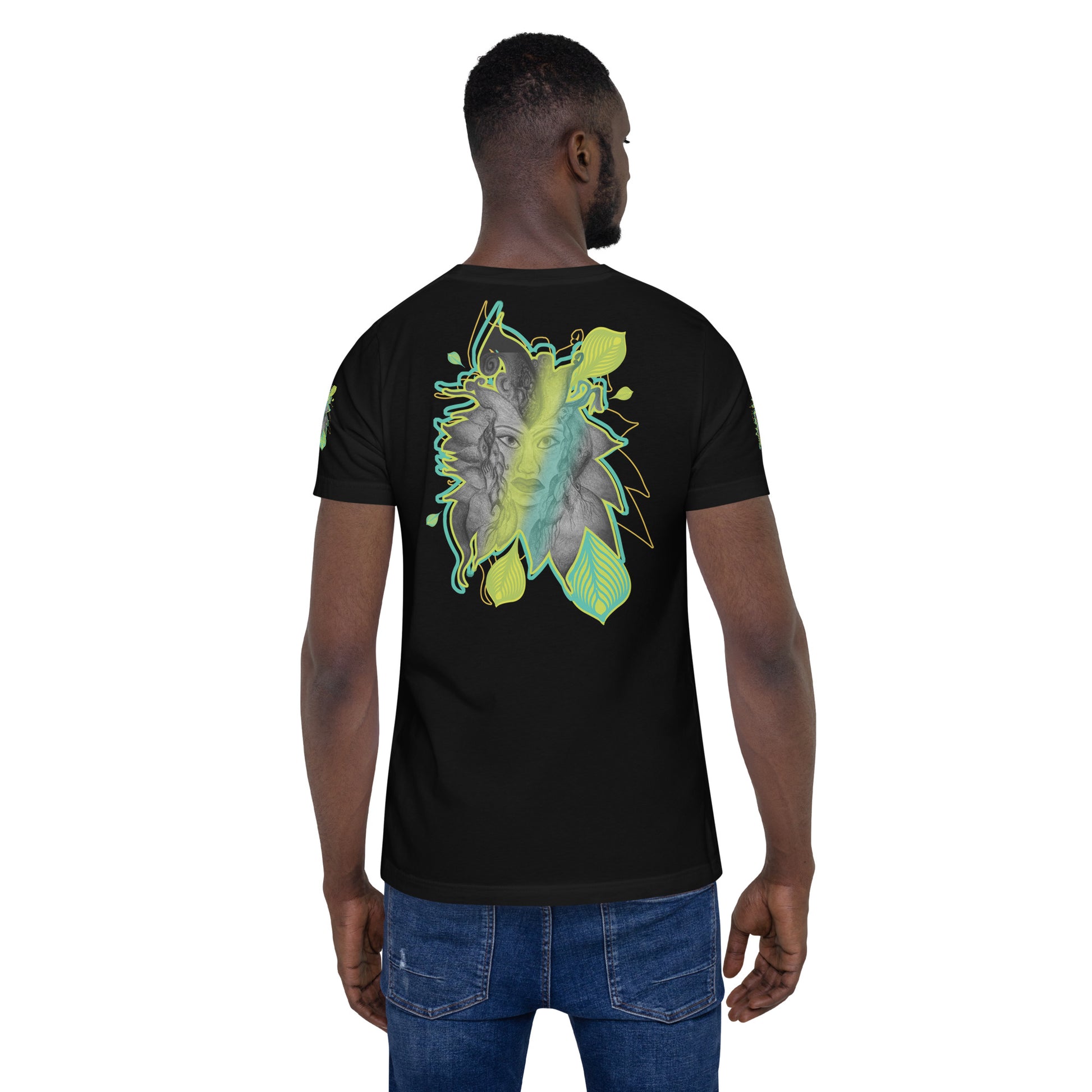 Back view of K.L.O.E. black t-shirt featuring a bold hand-drawn face design framed by vibrant green and yellow leaf patterns. A statement of modern bohemian style, artistic craftsmanship, and self-expression that celebrates individuality and culturally inspired fashion.