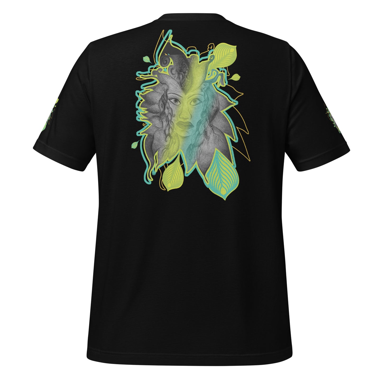 Back view of K.L.O.E. black t-shirt featuring a bold hand-drawn face design framed by vibrant green and yellow leaf patterns. A statement of modern bohemian style, artistic craftsmanship, and self-expression that celebrates individuality and culturally inspired fashion.