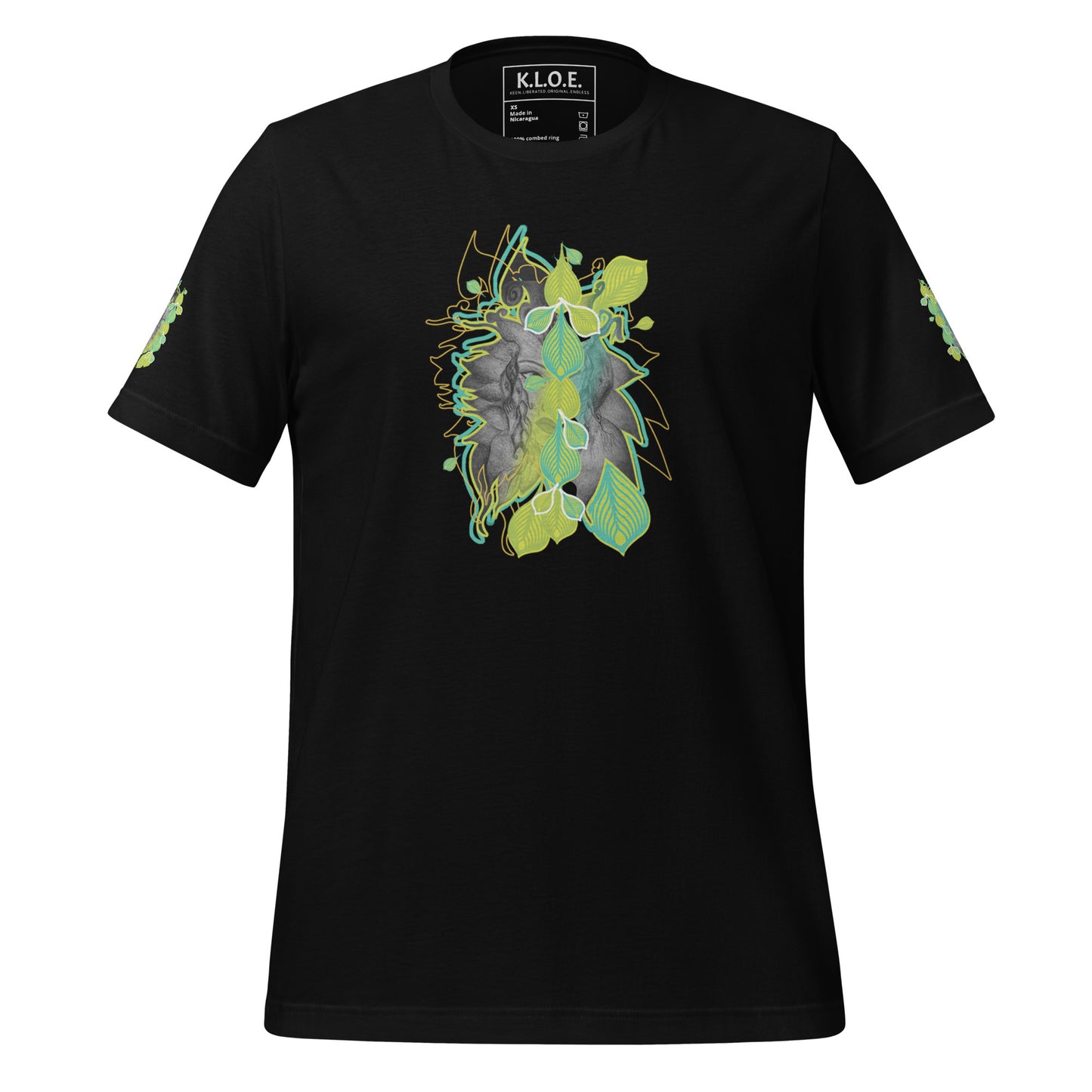 Front view of black K.L.O.E. t-shirt with vibrant green and yellow leaf patterns framing a detailed hand-drawn face design. A modern bohemian style statement that celebrates individuality, artistic expression, and culturally inspired fashion.