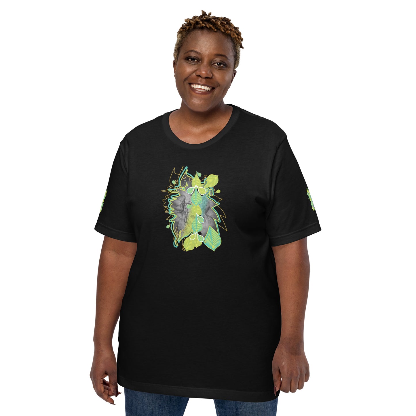 Front view of black K.L.O.E. t-shirt with vibrant green and yellow leaf patterns framing a detailed hand-drawn face design. A modern bohemian style statement that celebrates individuality, artistic expression, and culturally inspired fashion, on a model.