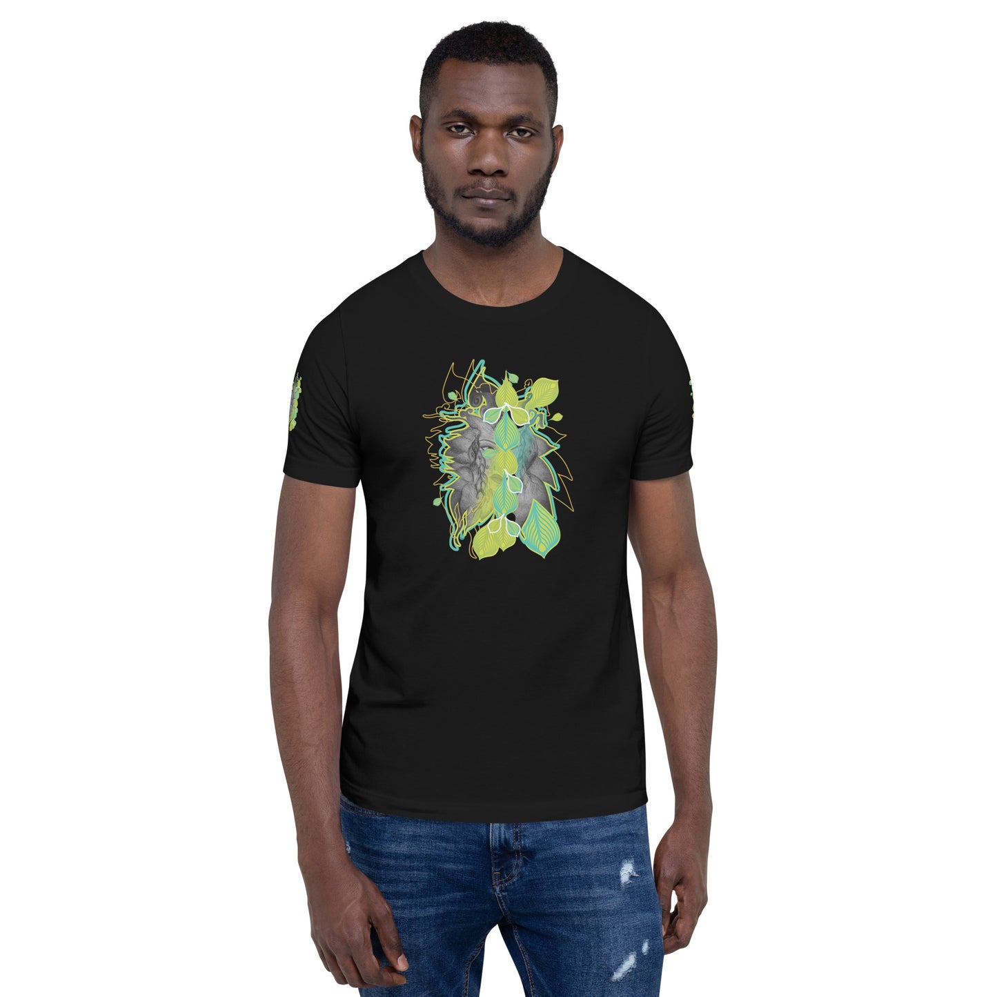 Front view of black K.L.O.E. t-shirt with vibrant green and yellow leaf patterns framing a detailed hand-drawn face design. A modern bohemian style statement that celebrates individuality, artistic expression, and culturally inspired fashion, on a model.