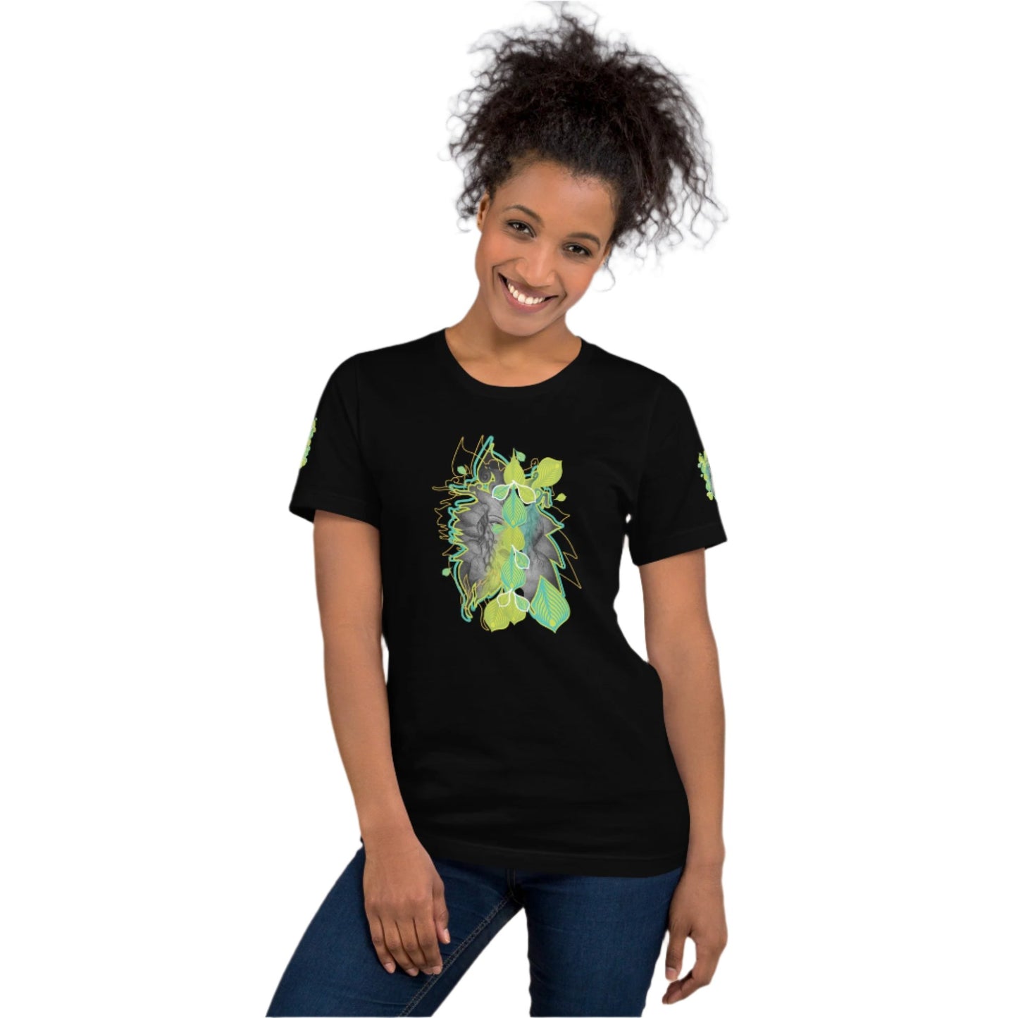 Front view of black K.L.O.E. t-shirt with vibrant green and yellow leaf patterns framing a detailed hand-drawn face design. A modern bohemian style statement that celebrates individuality, artistic expression, and culturally inspired fashion, on a model.