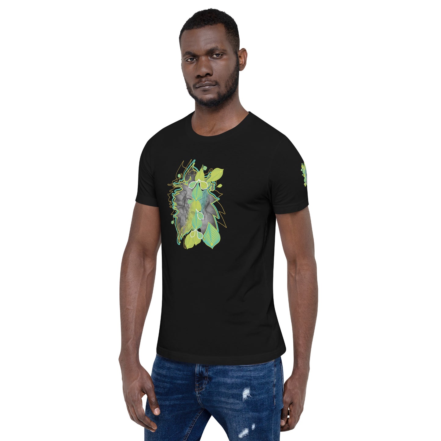 Front view of black K.L.O.E. t-shirt with vibrant green and yellow leaf patterns framing a detailed hand-drawn face design. A modern bohemian style statement that celebrates individuality, artistic expression, and culturally inspired fashion, on a model.