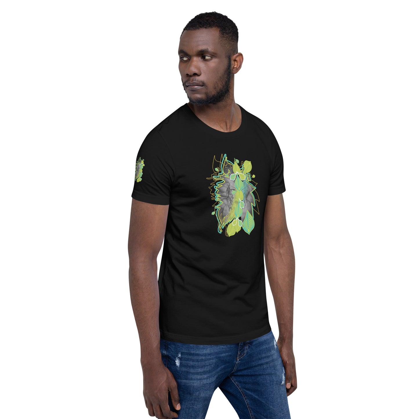 Front view of black K.L.O.E. t-shirt with vibrant green and yellow leaf patterns framing a detailed hand-drawn face design. A modern bohemian style statement that celebrates individuality, artistic expression, and culturally inspired fashion, on a model.