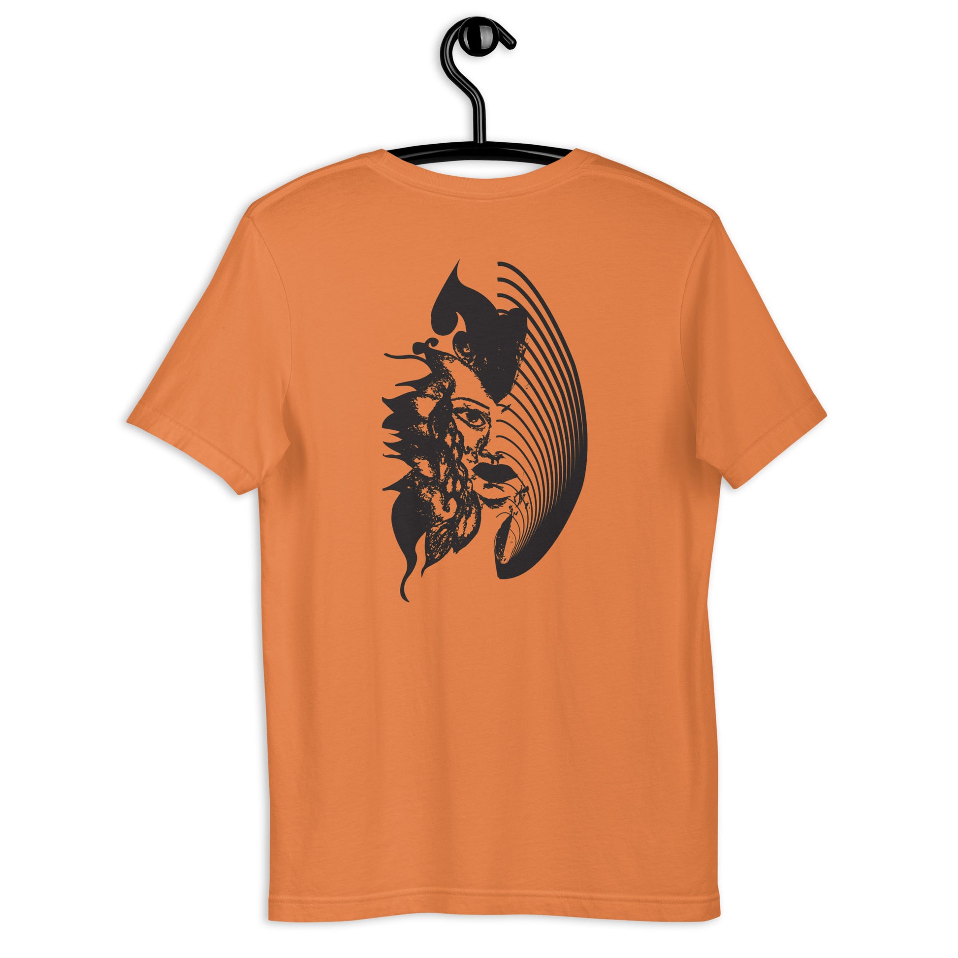 Back view of an orange K.L.O.E. T-shirt showcasing a culturally inspired, hand-drawn black design featuring a bold, expressive face intertwined with flowing, abstract patterns, embodying artistic self-expression and modern bohemian style fashion.