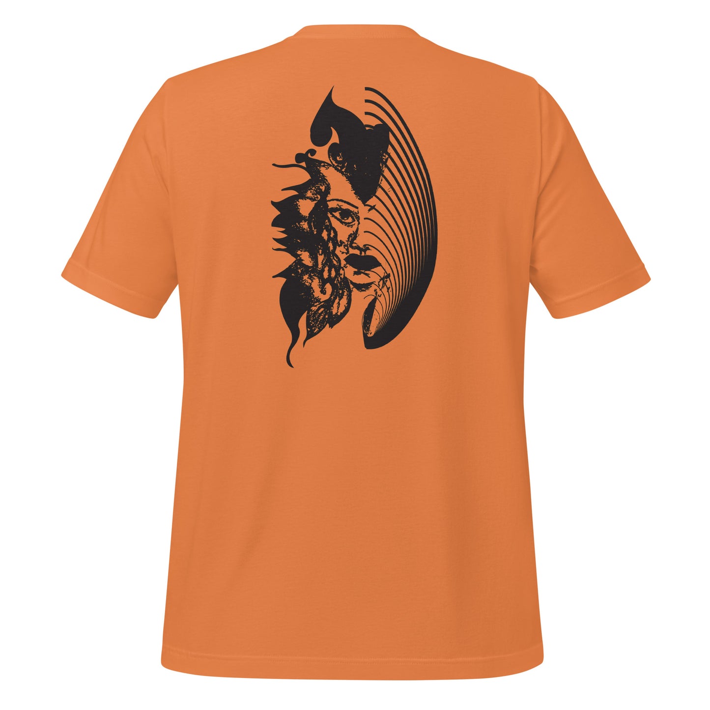 Back view of an orange K.L.O.E. T-shirt showcasing a culturally inspired, hand-drawn black design featuring a bold, expressive face intertwined with flowing, abstract patterns, embodying artistic self-expression and modern bohemian style fashion.