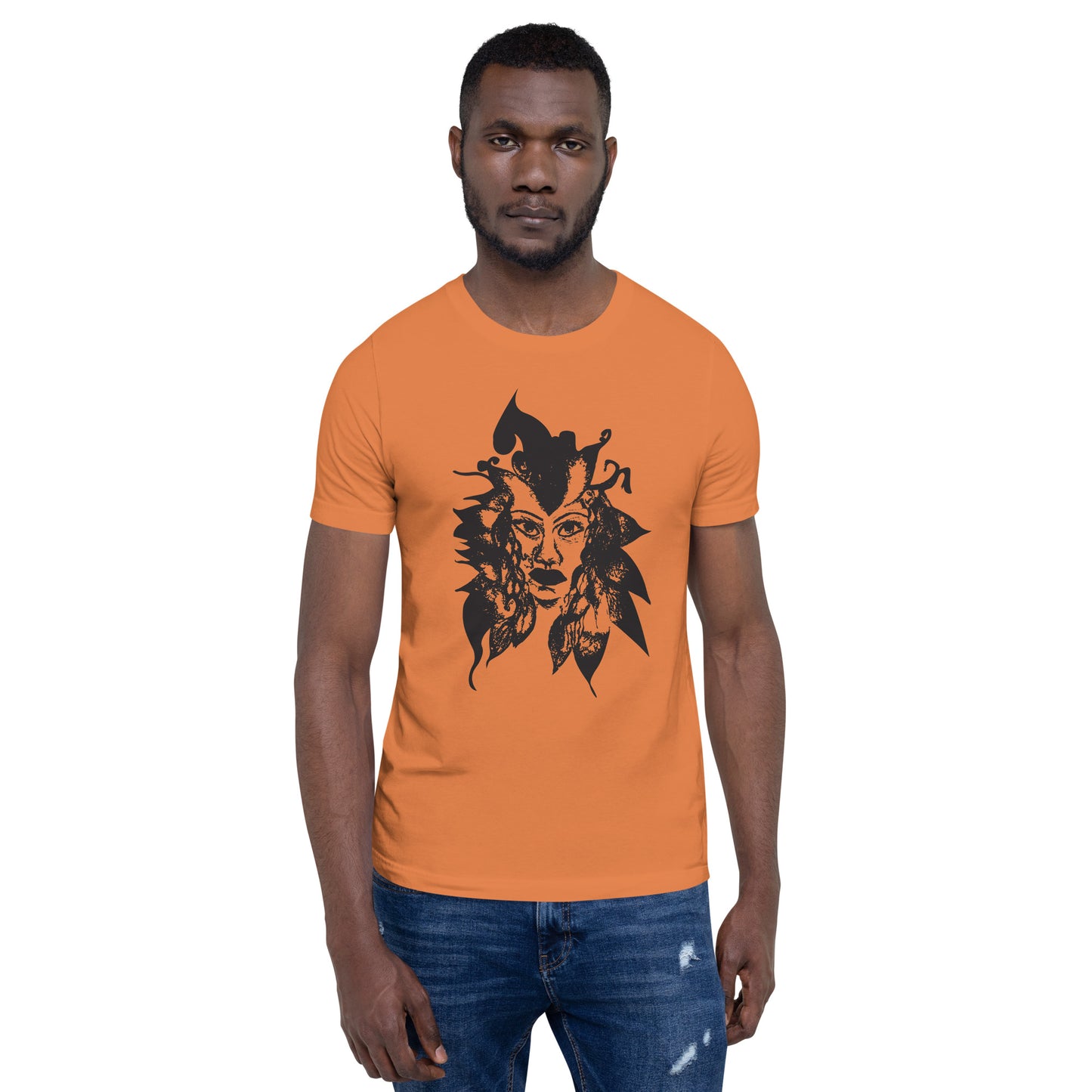 Orange K.L.O.E. T-shirt featuring a culturally inspired, hand-drawn black graphic of a bold, expressive face surrounded by intricate details, celebrating individuality and artistic self-expression in modern bohemian style fashion, on a model.