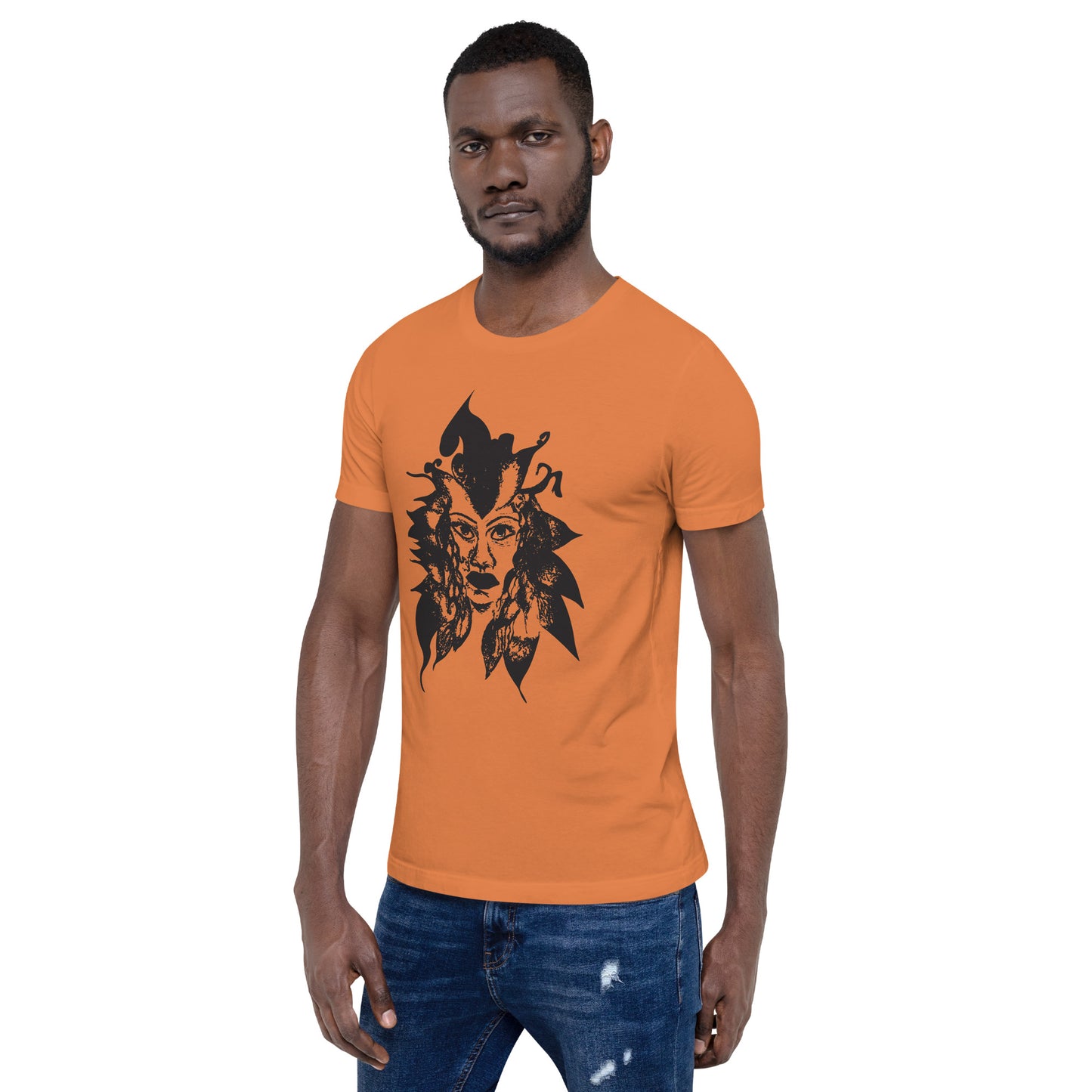 Orange K.L.O.E. T-shirt featuring a culturally inspired, hand-drawn black graphic of a bold, expressive face surrounded by intricate details, celebrating individuality and artistic self-expression in modern bohemian style fashion, on a model.