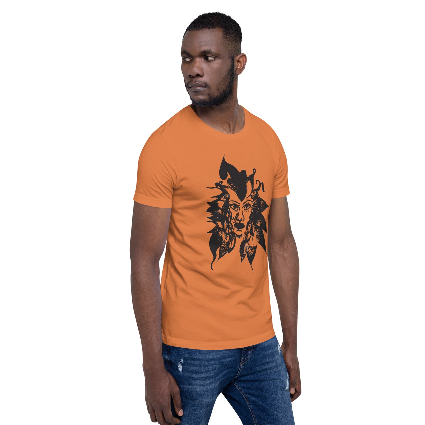 Orange K.L.O.E. T-shirt featuring a culturally inspired, hand-drawn black graphic of a bold, expressive face surrounded by intricate details, celebrating individuality and artistic self-expression in modern bohemian style fashion, on a model.