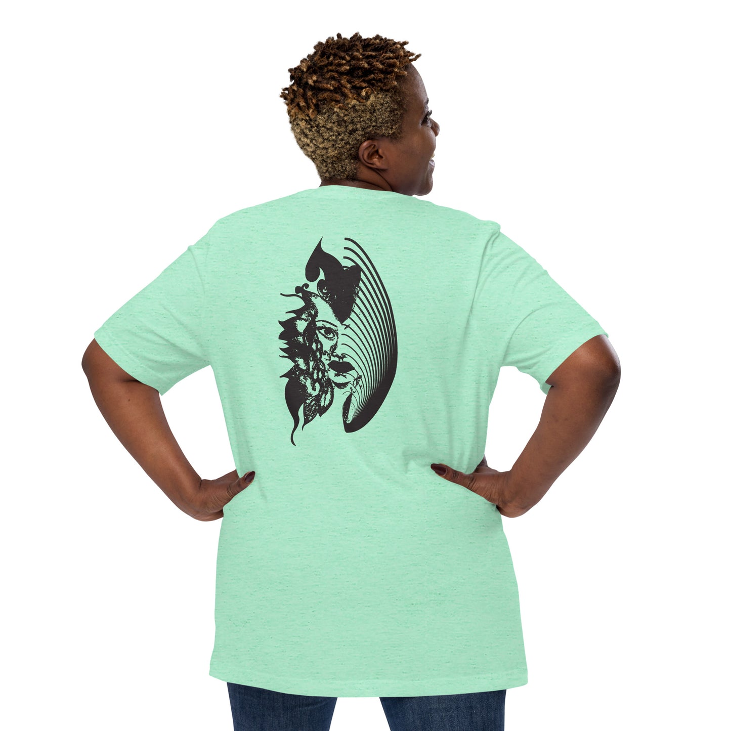 Back view of a mint K.L.O.E. T-shirt showcasing a culturally inspired, hand-drawn black design featuring a bold, expressive face intertwined with flowing, abstract patterns, embodying artistic self-expression and modern bohemian style fashion, on a model.