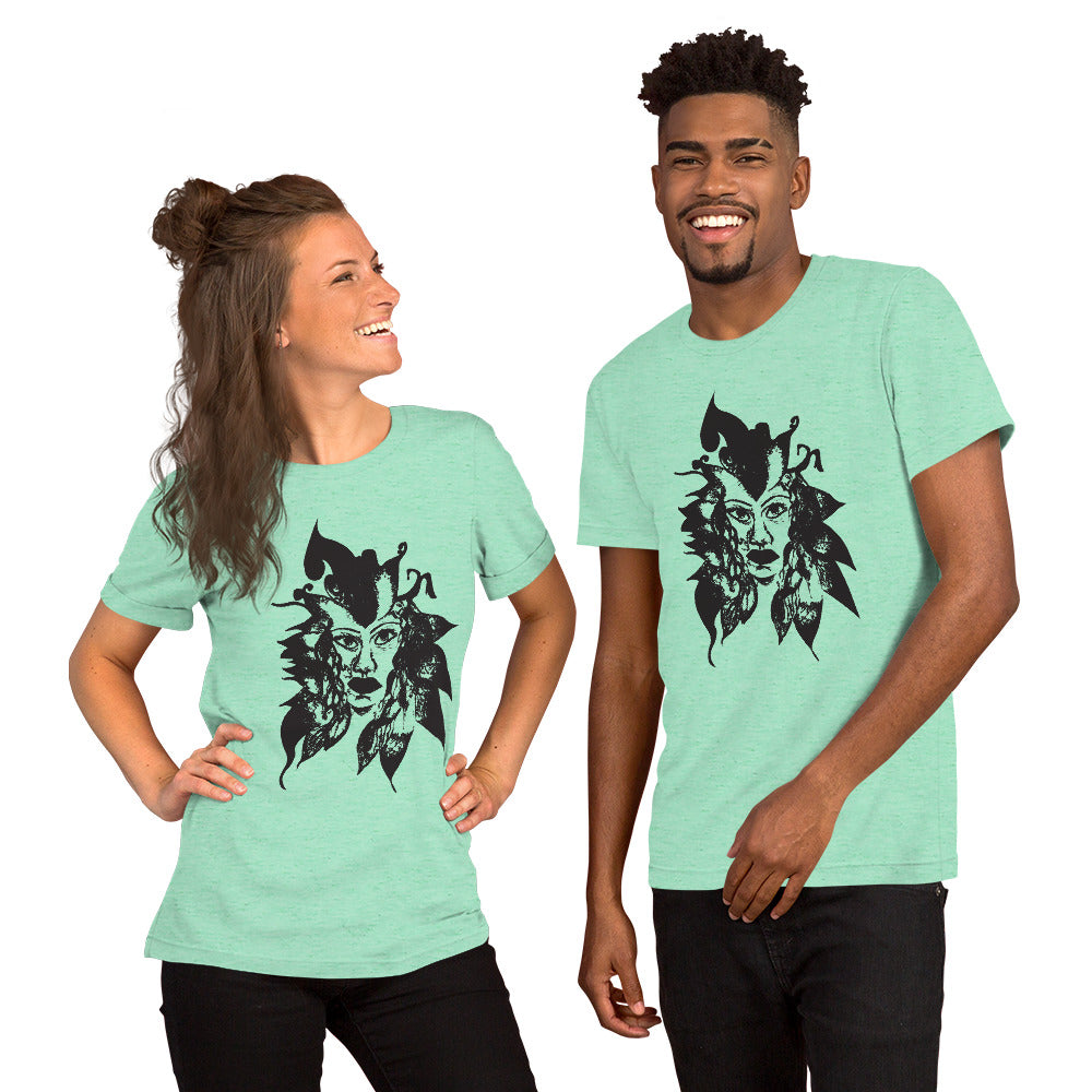 The couple wearing mint K.L.O.E. T-shirt featuring a culturally inspired, hand-drawn black graphic of a bold, expressive face surrounded by intricate details, celebrating individuality and artistic self-expression in modern bohemian style fashion.