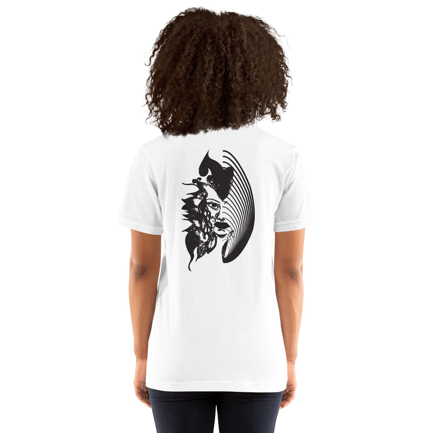 Back view of a white K.L.O.E. T-shirt showcasing a culturally inspired, hand-drawn black design featuring a bold, expressive face intertwined with flowing, abstract patterns, embodying artistic self-expression and modern bohemian style fashion, on a model.