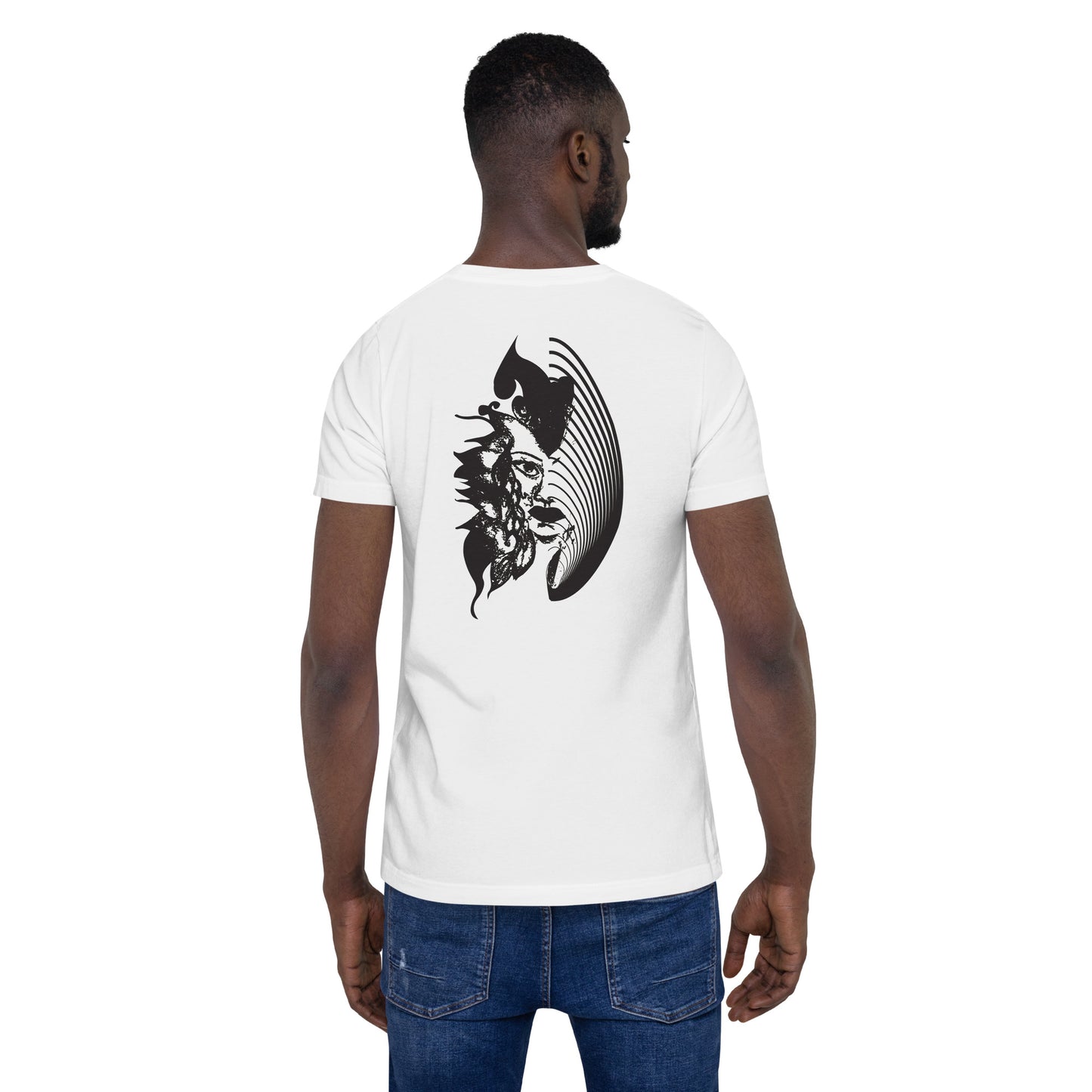 Back view of a white K.L.O.E. T-shirt showcasing a culturally inspired, hand-drawn black design featuring a bold, expressive face intertwined with flowing, abstract patterns, embodying artistic self-expression and modern bohemian style fashion, on a model.