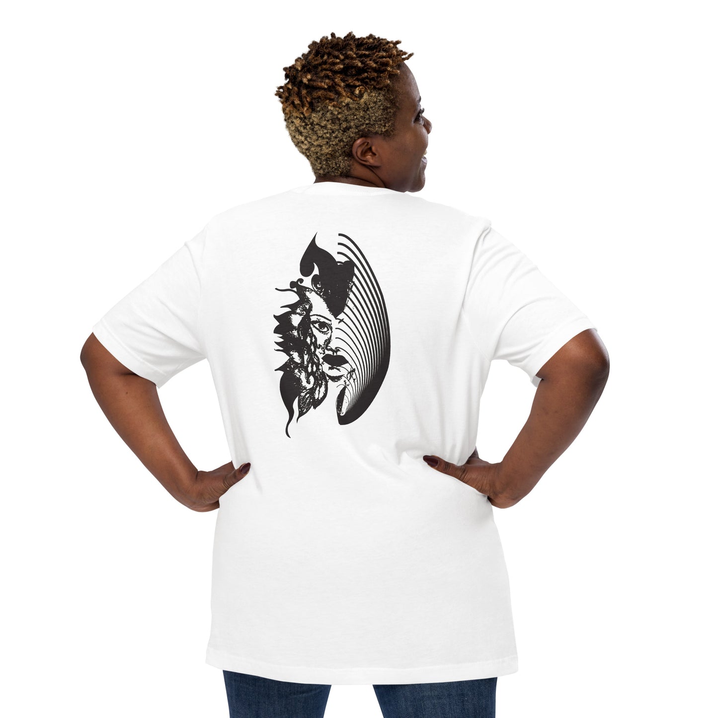 Back view of a white K.L.O.E. T-shirt showcasing a culturally inspired, hand-drawn black design featuring a bold, expressive face intertwined with flowing, abstract patterns, embodying artistic self-expression and modern bohemian style fashion, on a model.