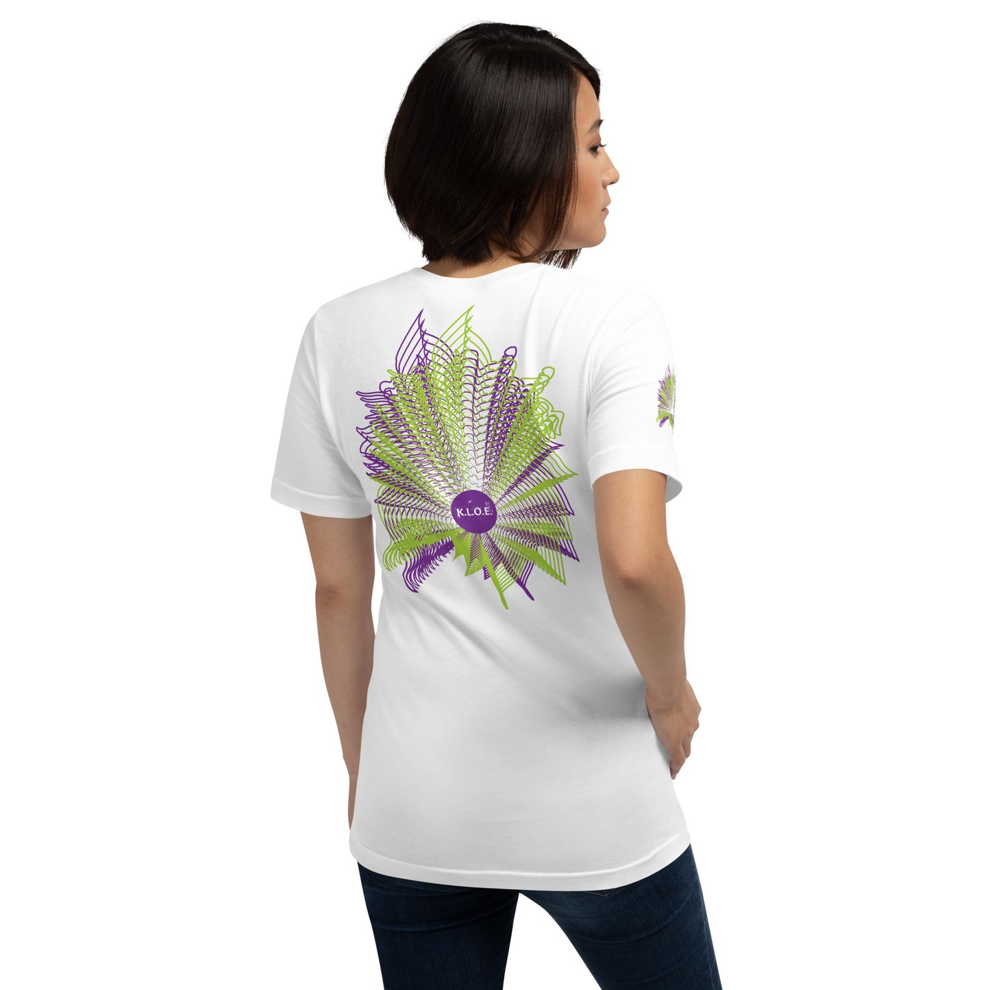 Back view of a white K.L.O.E. T-shirt featuring a vibrant geometric design in purple and green, radiating outward in intricate patterns, with the K.L.O.E. logo at the center, embodying artistic self-expression and modern bohemian fashion.