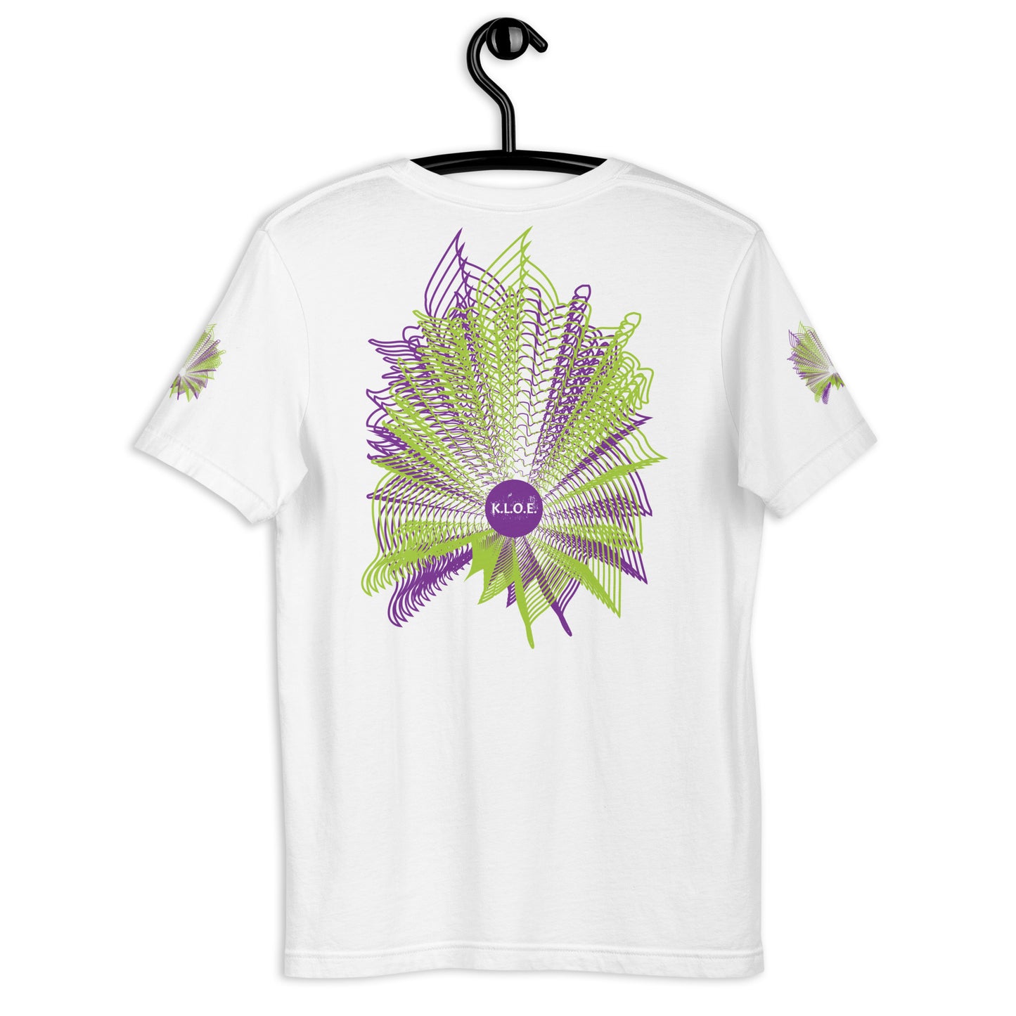 Back view of a white K.L.O.E. T-shirt featuring a vibrant geometric design in purple and green, radiating outward in intricate patterns, with the K.L.O.E. logo at the center, embodying artistic self-expression and modern bohemian fashion.