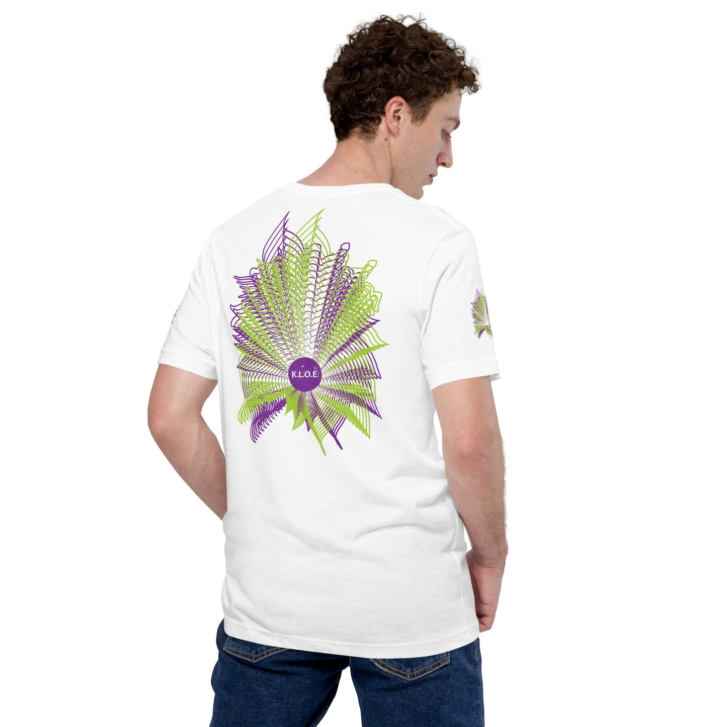 Back view of a white K.L.O.E. T-shirt featuring a vibrant geometric design in purple and green, radiating outward in intricate patterns, with the K.L.O.E. logo at the center, embodying artistic self-expression and modern bohemian fashion, on a model.