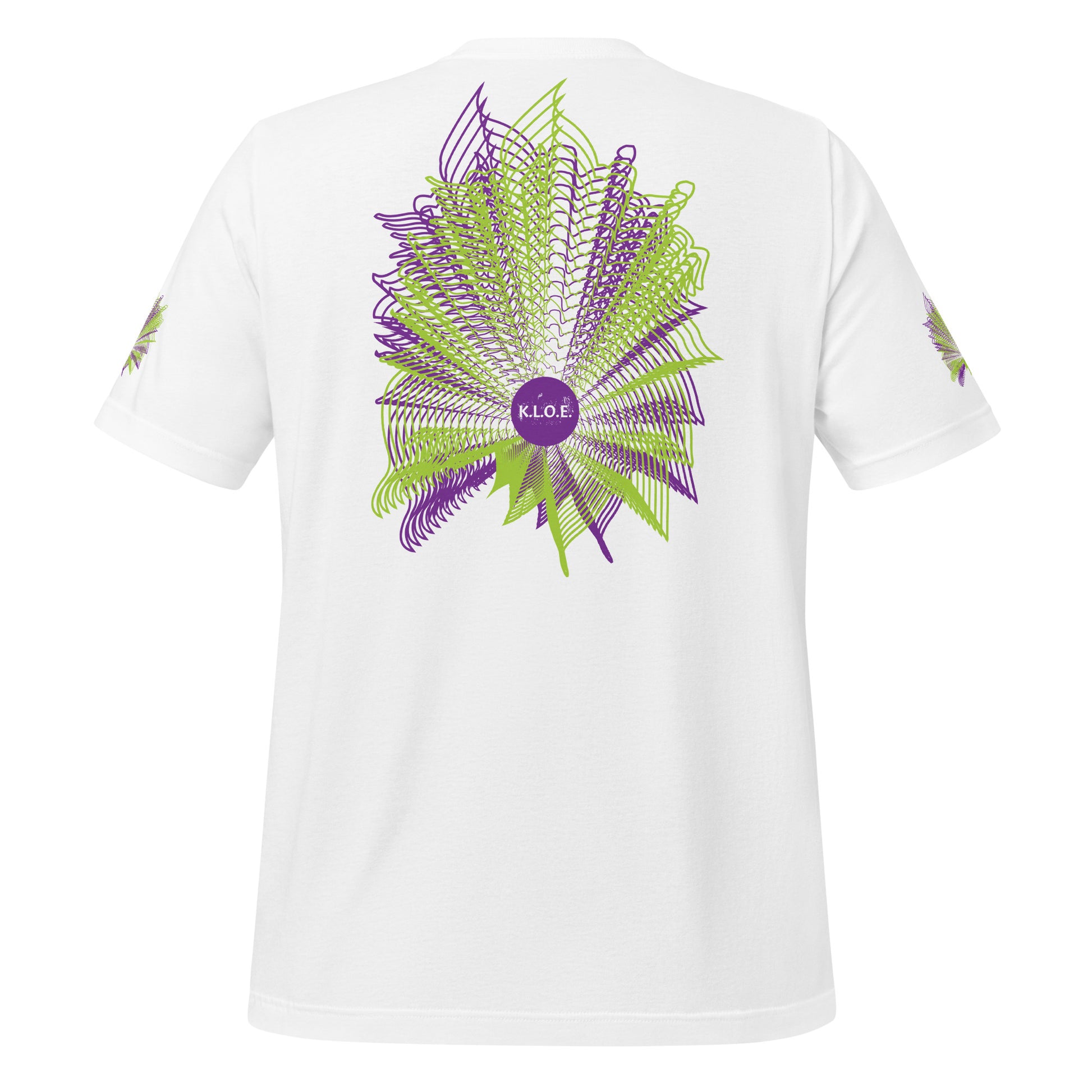 Back view of a white K.L.O.E. T-shirt featuring a vibrant geometric design in purple and green, radiating outward in intricate patterns, with the K.L.O.E. logo at the center, embodying artistic self-expression and modern bohemian fashion.