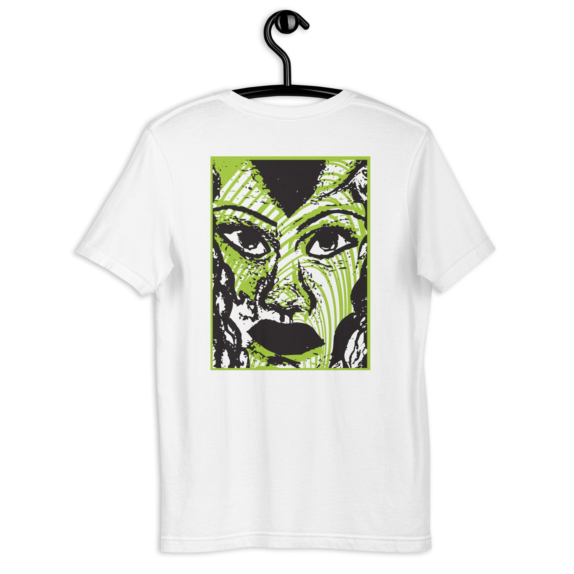 Back view of a white K.L.O.E. T-shirt featuring a bold hand-drawn face design in black and vibrant green on the back, surrounded by sharp, abstract patterns. Highlights artistic self-expression, individuality, and modern bohemian style fashion.