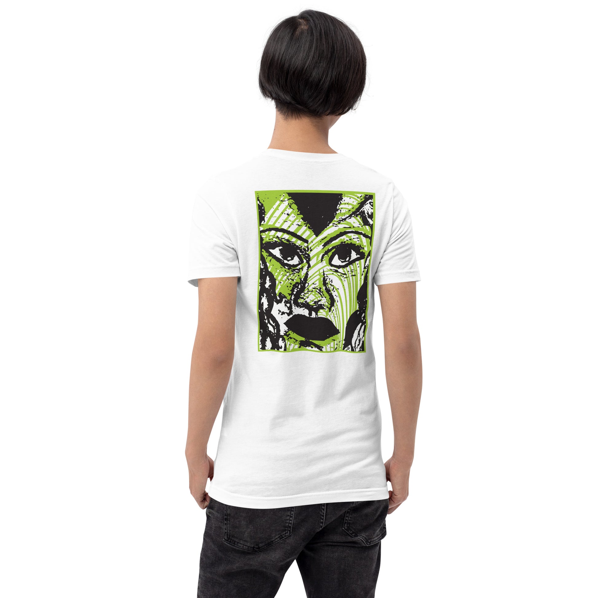 Back view of a white K.L.O.E. T-shirt featuring a bold hand-drawn face design in black and vibrant green on the back, surrounded by sharp, abstract patterns. Highlights artistic self-expression, individuality, and modern bohemian style fashion.