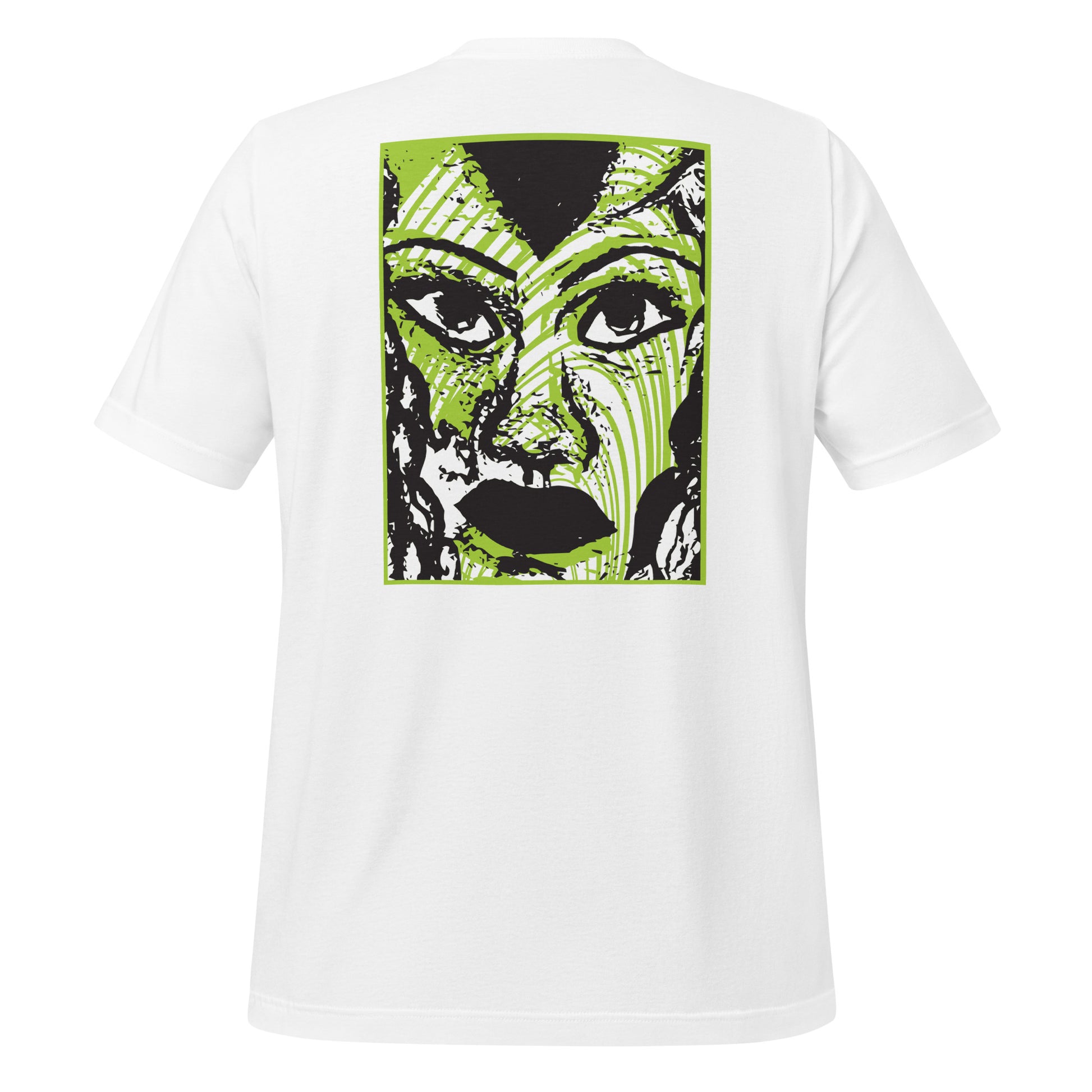 Back view of a white K.L.O.E. T-shirt featuring a bold hand-drawn face design in black and vibrant green on the back, surrounded by sharp, abstract patterns. Highlights artistic self-expression, individuality, and modern bohemian style fashion.