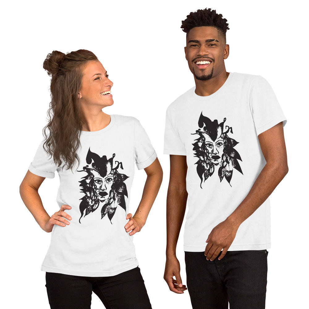 The couple wearing the white K.L.O.E. T-shirt featuring a culturally inspired, hand-drawn black graphic of a bold, expressive face surrounded by intricate details, celebrating individuality and artistic self-expression in modern bohemian style fashion.