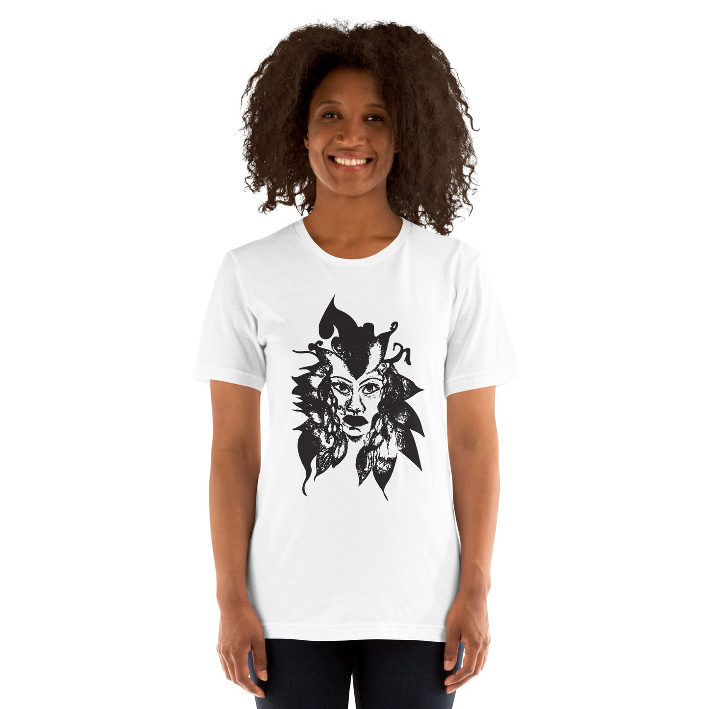 The model wearing the white K.L.O.E. T-shirt featuring a culturally inspired, hand-drawn black graphic of a bold, expressive face surrounded by intricate details, celebrating individuality and artistic self-expression in modern bohemian style fashion.