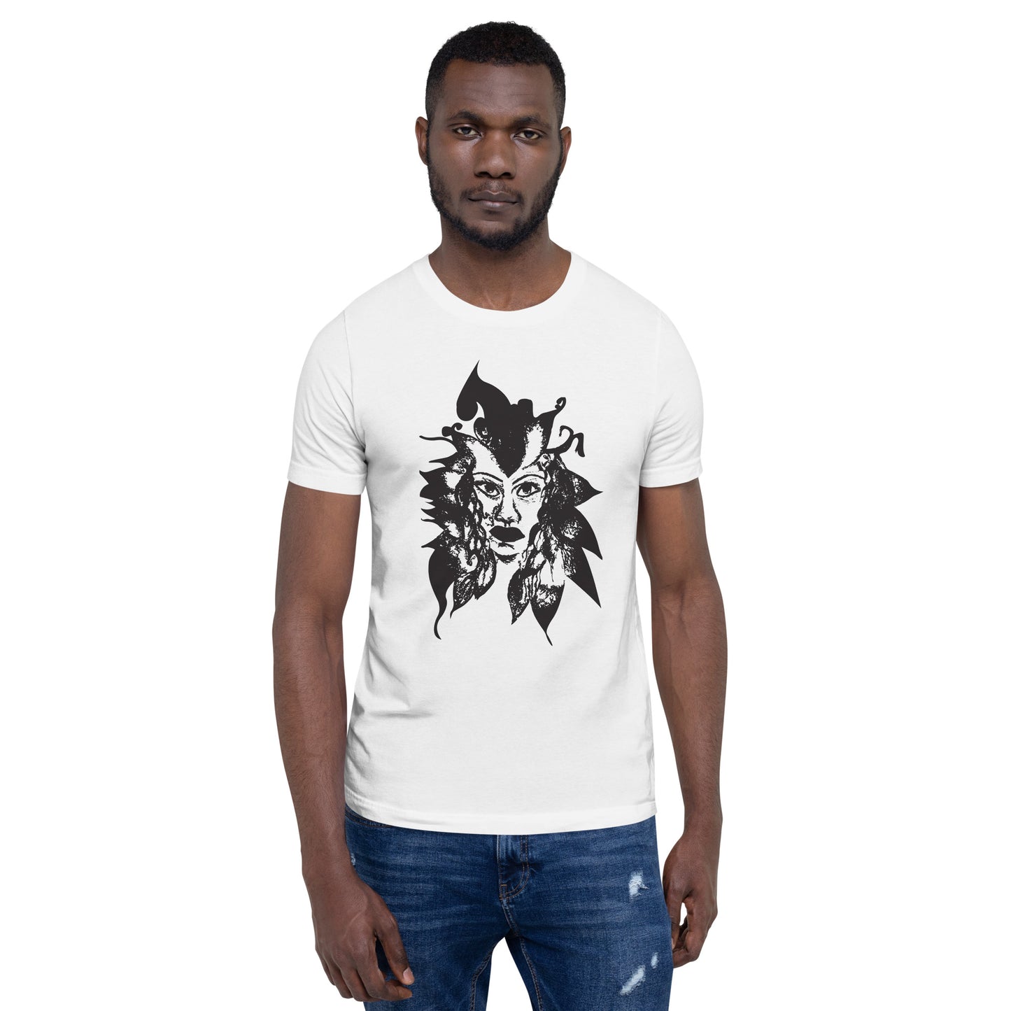 The model wearing the white K.L.O.E. T-shirt featuring a culturally inspired, hand-drawn black graphic of a bold, expressive face surrounded by intricate details, celebrating individuality and artistic self-expression in modern bohemian style fashion.