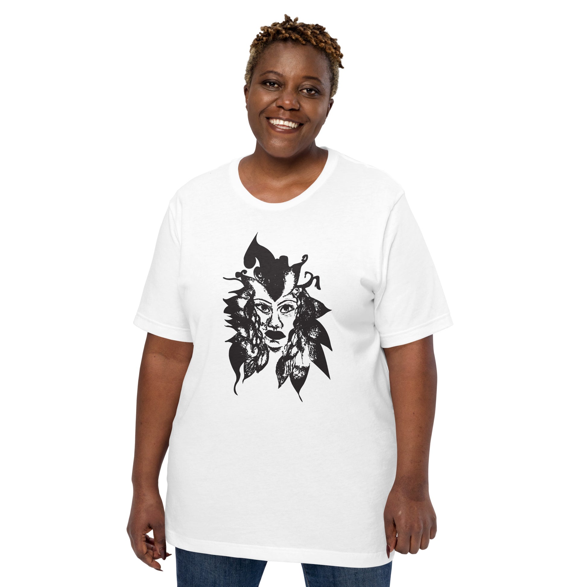 The model wearing the white K.L.O.E. T-shirt featuring a culturally inspired, hand-drawn black graphic of a bold, expressive face surrounded by intricate details, celebrating individuality and artistic self-expression in modern bohemian style fashion.