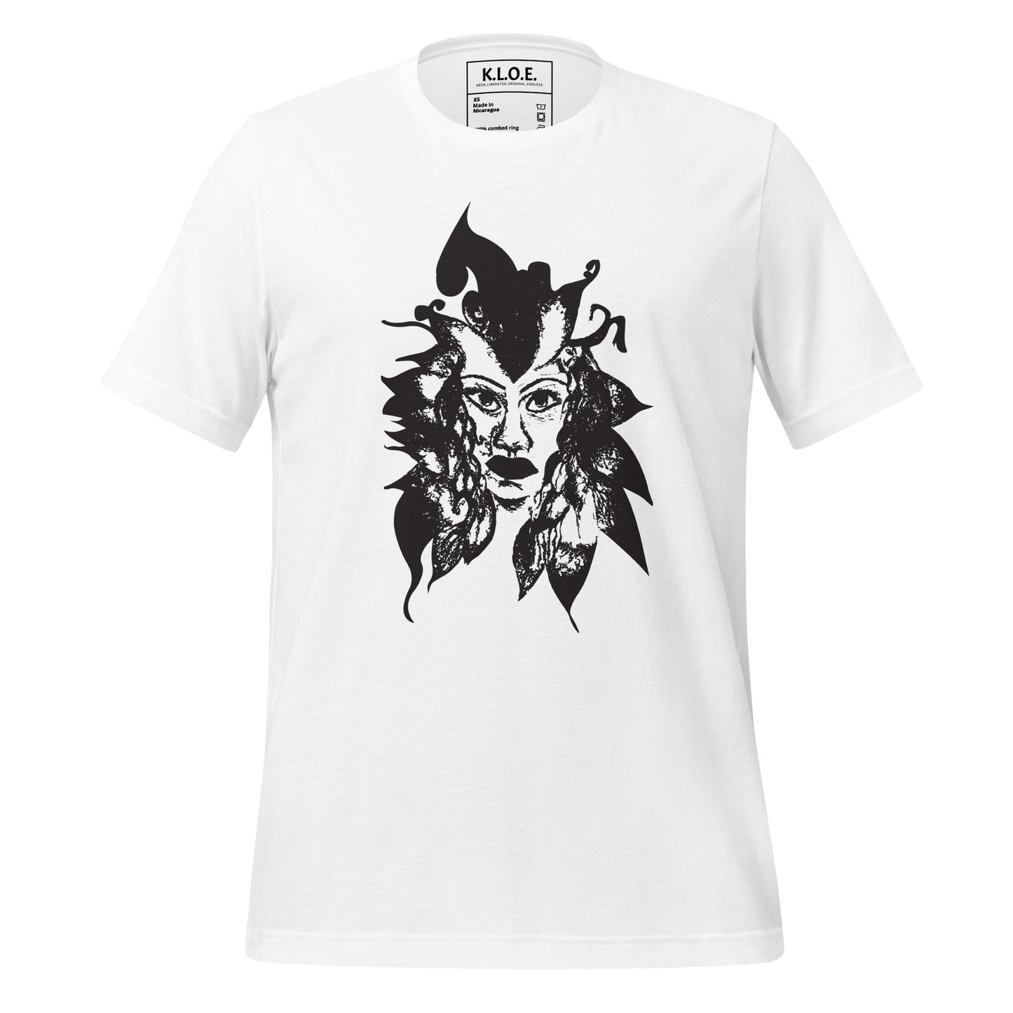 White K.L.O.E. T-shirt featuring a culturally inspired, hand-drawn black graphic of a bold, expressive face surrounded by intricate details, celebrating individuality and artistic self-expression in modern bohemian style fashion.