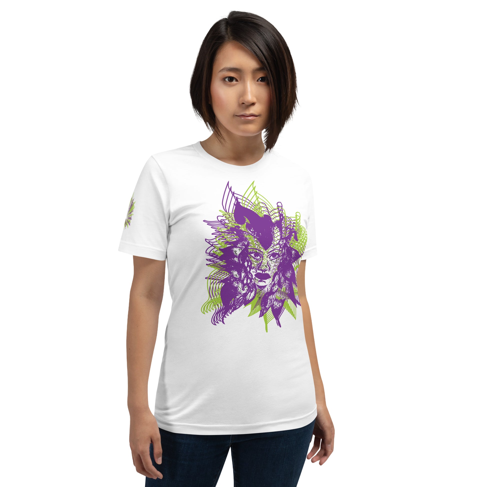 Front view of a white K.L.O.E. T-shirt featuring a vibrant hand-drawn face design in bold purple and green, surrounded by geometric and flowing patterns, celebrating individuality, artistic self-expression, and modern bohemian style fashion, on a model.