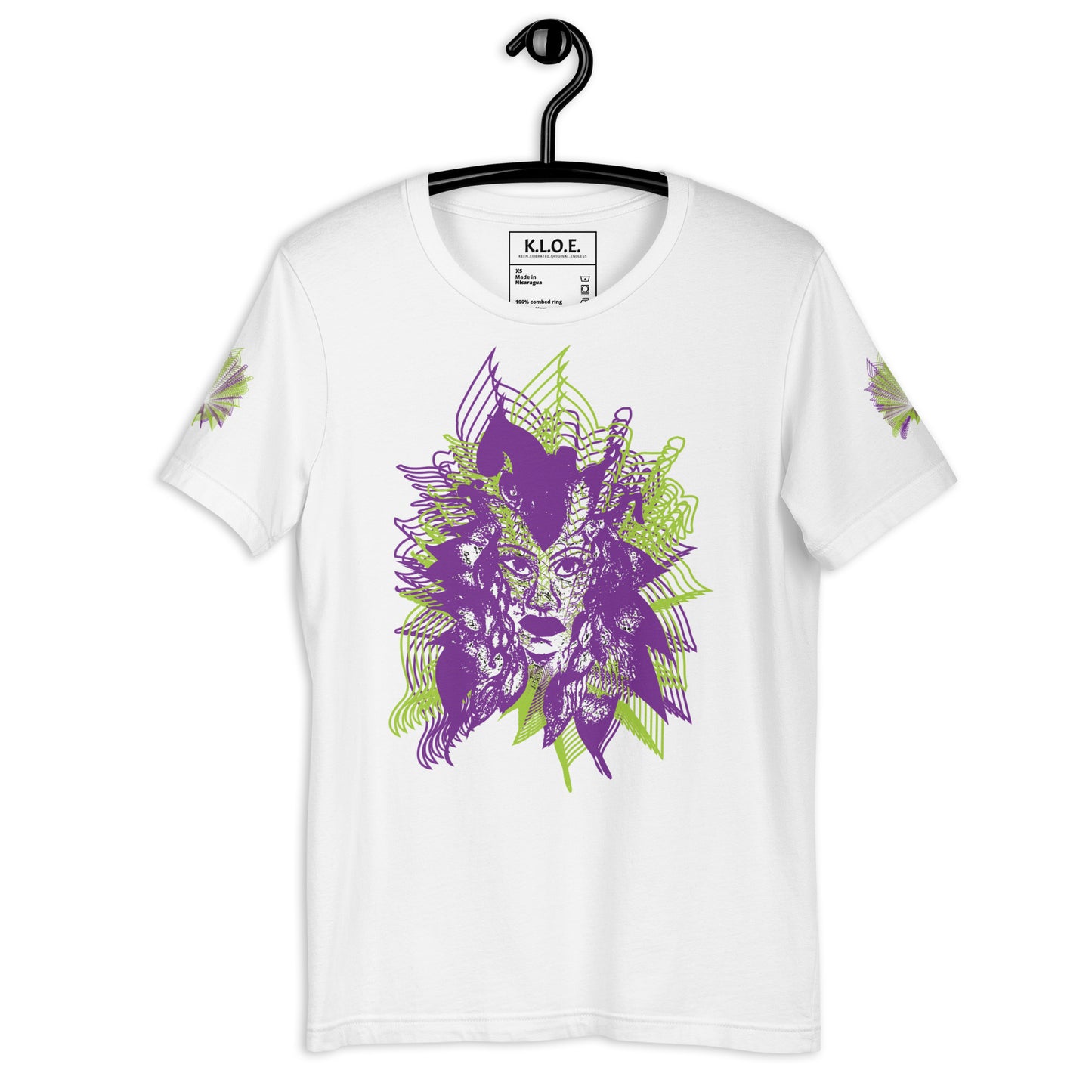 Front view of a white K.L.O.E. T-shirt featuring a vibrant hand-drawn face design in bold purple and green, surrounded by geometric and flowing patterns, celebrating individuality, artistic self-expression, and modern bohemian style fashion.