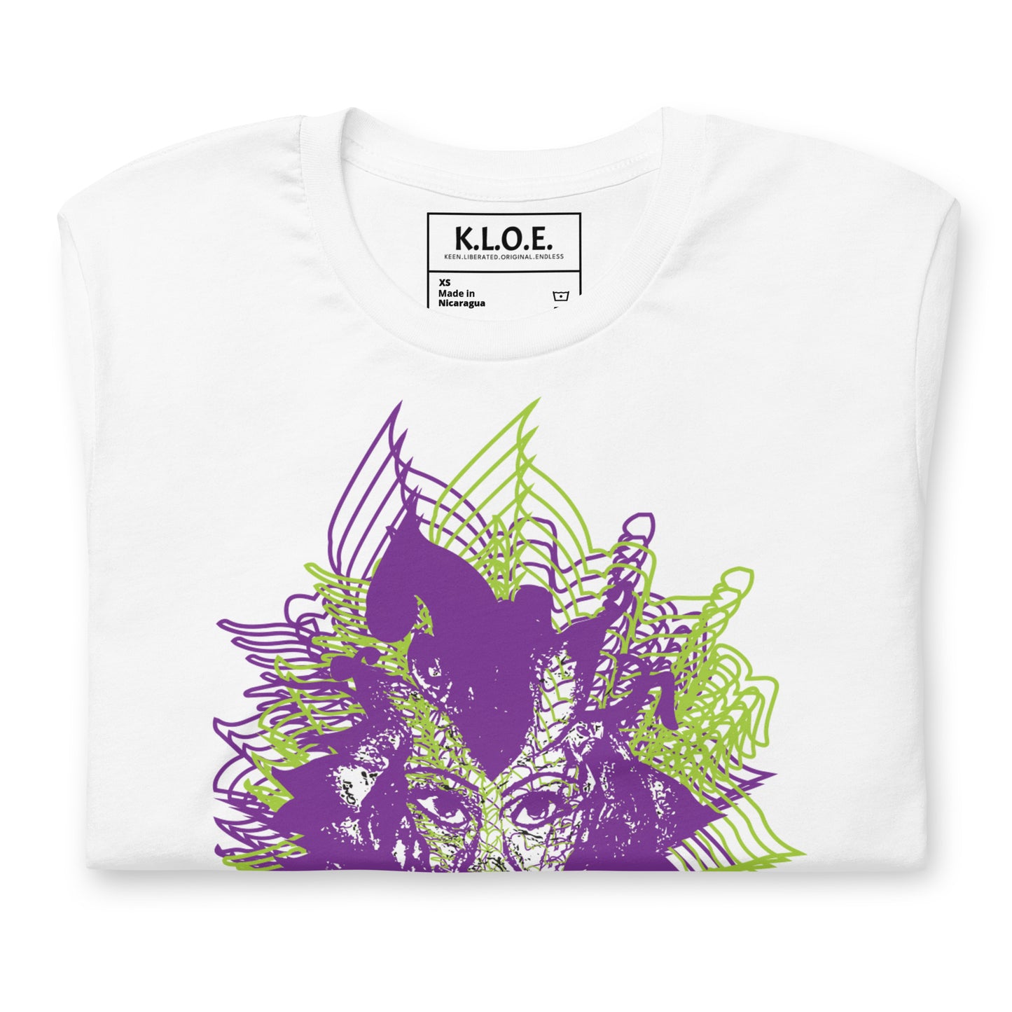 The inside label view of a white K.L.O.E. T-shirt featuring a vibrant hand-drawn face design in bold purple and green, surrounded by geometric and flowing patterns, celebrating individuality, artistic self-expression, and modern bohemian style fashion.