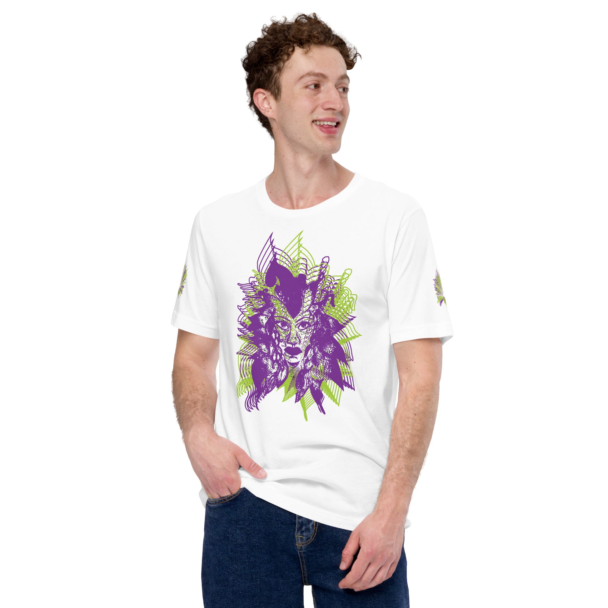 Front view of a white K.L.O.E. T-shirt featuring a vibrant hand-drawn face design in bold purple and green, surrounded by geometric and flowing patterns, celebrating individuality, artistic self-expression, and modern bohemian style fashion, on a model.