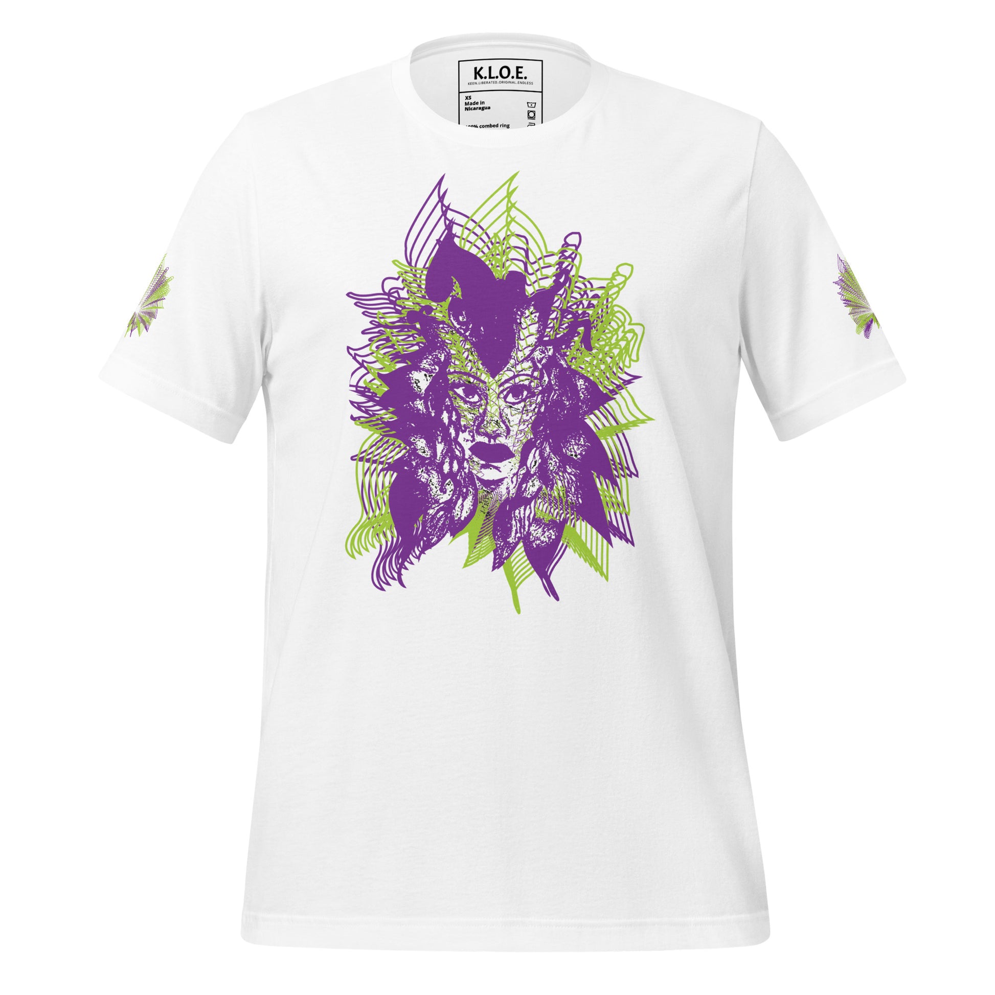 Front view of a white K.L.O.E. T-shirt featuring a vibrant hand-drawn face design in bold purple and green, surrounded by geometric and flowing patterns, celebrating individuality, artistic self-expression, and modern bohemian style fashion.