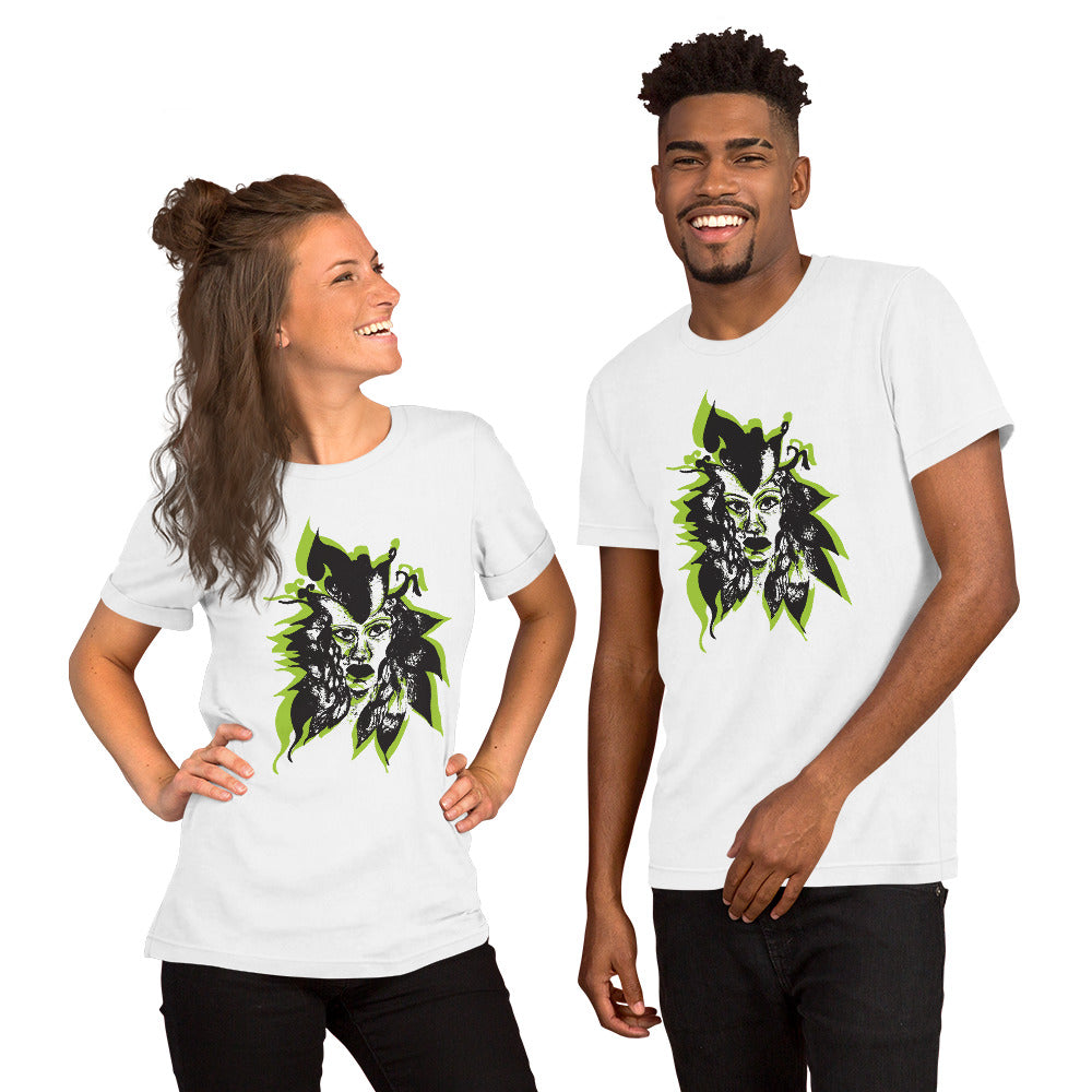 A couple wearing white K.L.O.E. T-shirt featuring a bold hand-drawn face design in black and vibrant green, surrounded by sharp, abstract patterns, celebrating individuality, artistic self-expression, and modern bohemian style fashion.