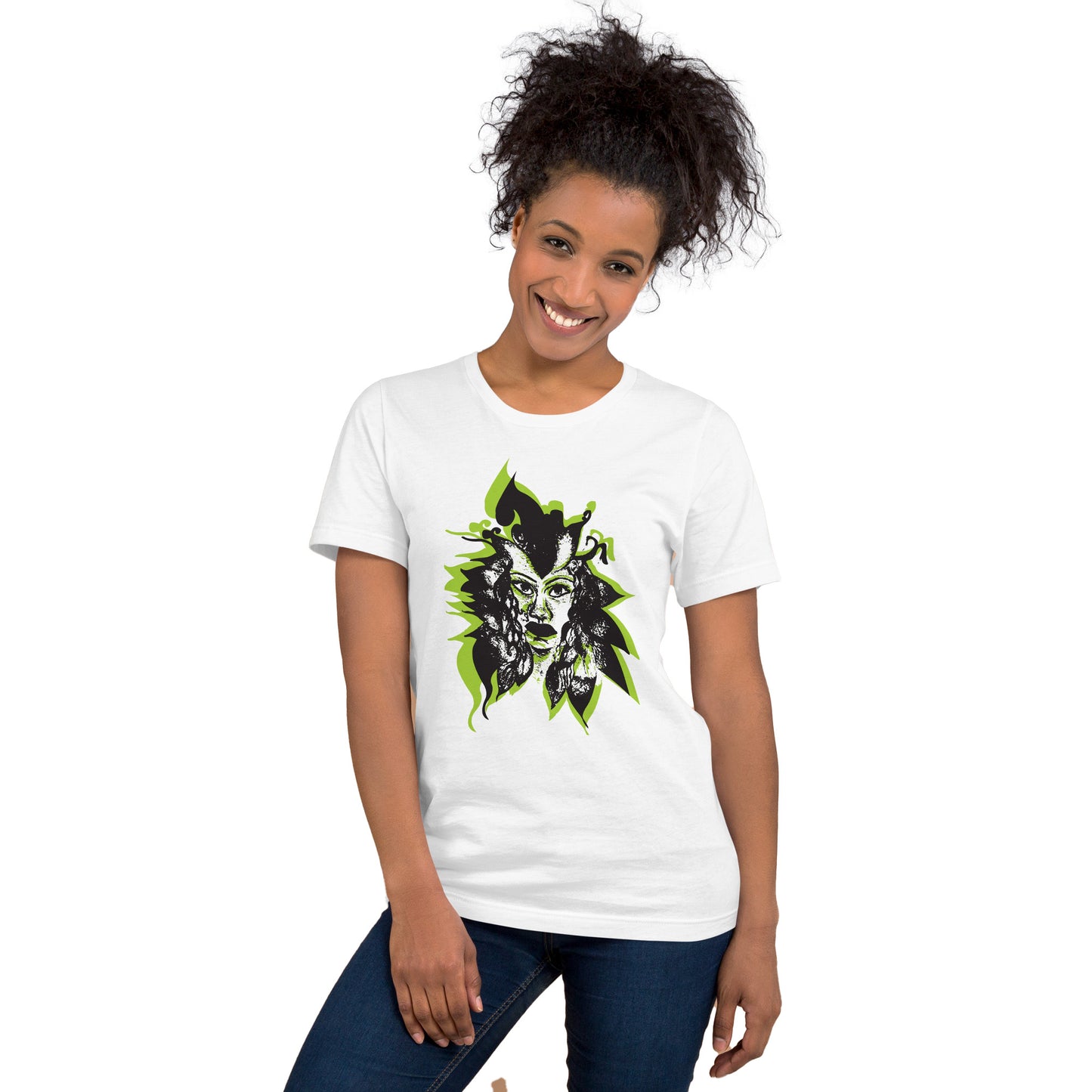 A model wearing white K.L.O.E. T-shirt featuring a bold hand-drawn face design in black and vibrant green, surrounded by sharp, abstract patterns, celebrating individuality, artistic self-expression, and modern bohemian style fashion.